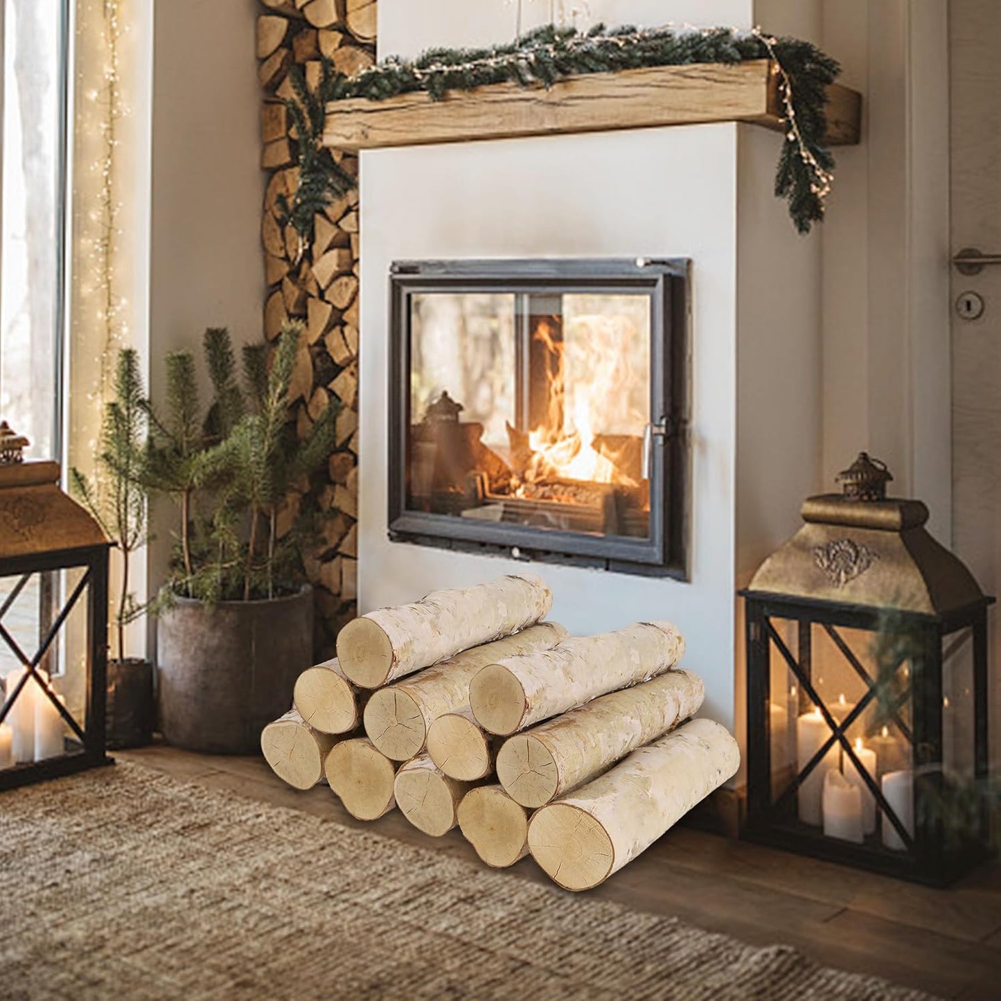 6 Pack Birch Logs for Fake Fireplace Decorative White Birch Branches Logs Unfinished Natural Wood DIY Crafts for Indoor Home Decoration Electric Fireplace Decor (3.2"-4" Dia.)