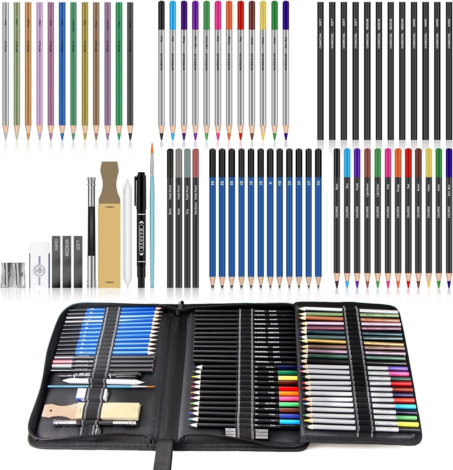 Art Supplies Drawing Kit, 74Pcs Drawing Pencils for Sketching - Include Colored, Graphite, Colored, Metallic, Charcoal Pencil, Ideal Gift for Beginners & Professional Artists Teens & Adults