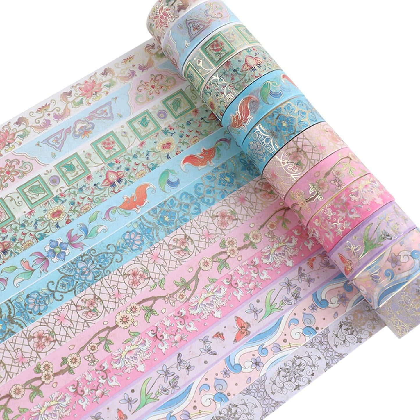 12 Rolls Floral Washi Tape Set, Gold Foil Flower Washi Tape, Botanical Washi Tape for Scrapbooking, Bullet Journal, Planner, DIY Crafts, Gift Wrapping