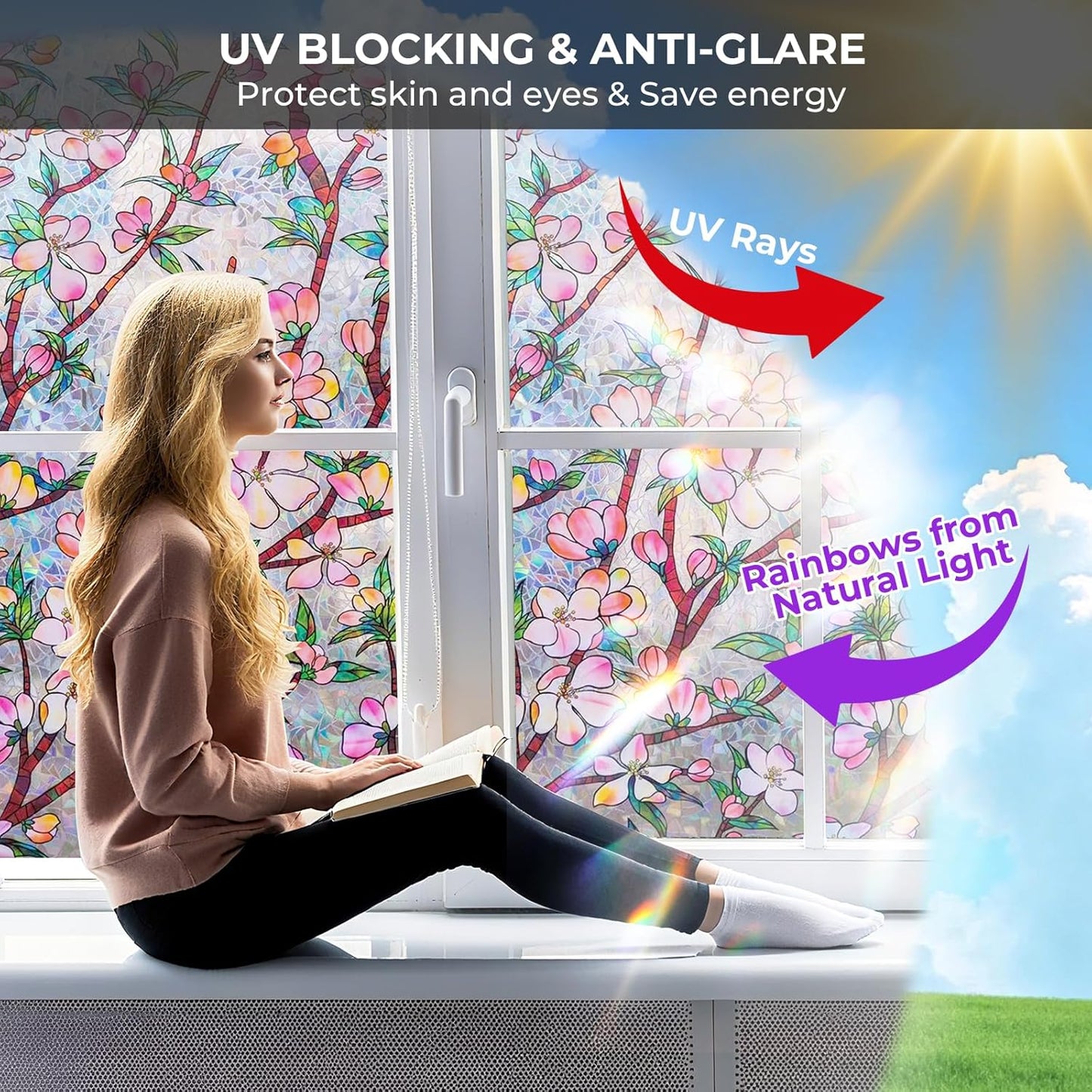 Window Privacy Film Rainbow Film Stained Glass 3D Static Cling Decorative Window Sticker for Bathroom,Front Door,Home Heat Control UV Blocking Non Adhesive,Peach Blossom 35.4 x 78.7inches