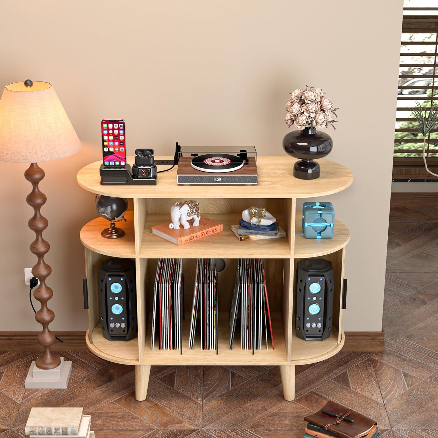 Large Round Record Player Stand with Charging Station & USB Ports，Record Storage Cabinet, Mid Century Modern Turntable Stand for Bedroom Living Room (Small Oak)