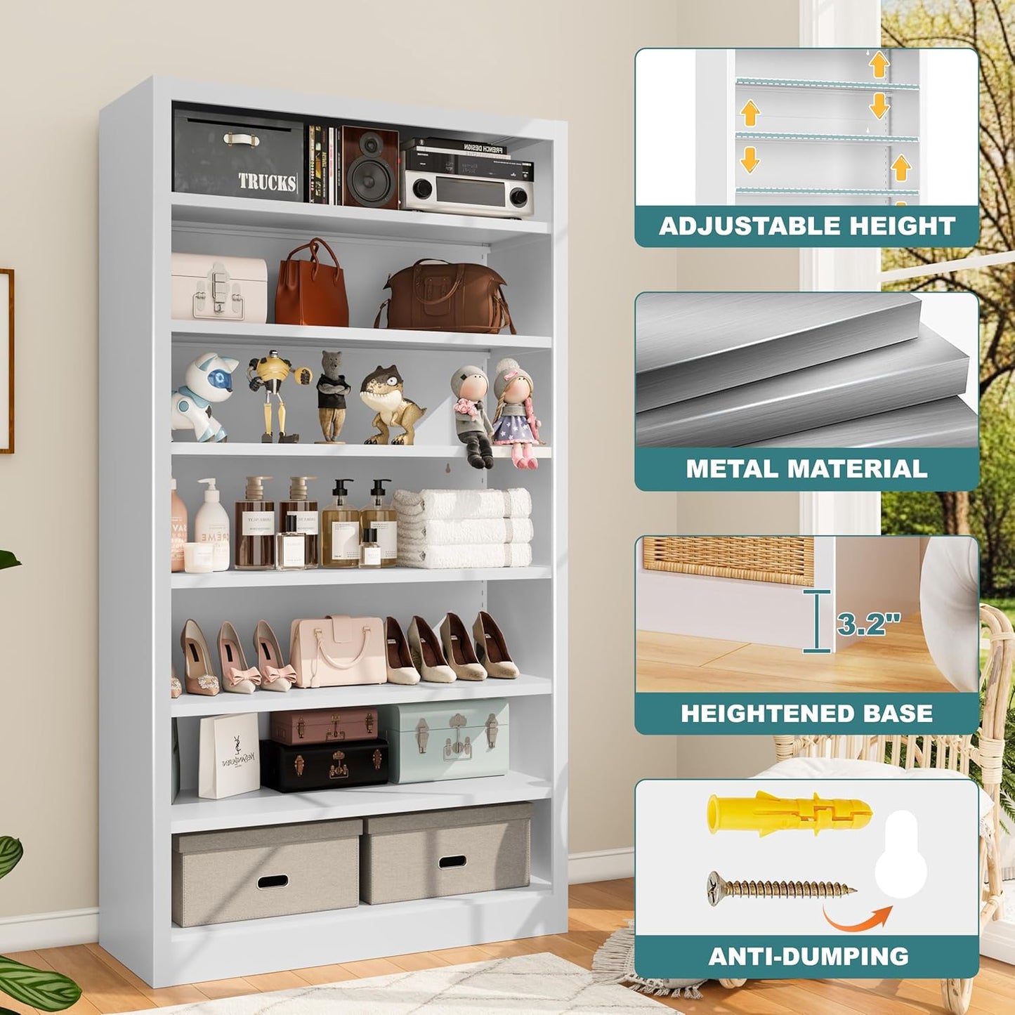 Heavy-Duty Steel Storage with 6 Adjustable Shelves , Metal Shelving Unit for Pantry, Office,Coffee Station– Easy Assembly, Multi-level Organizational Space(White, 7 Tier-55"H x 27.6"W x 11.8"D)