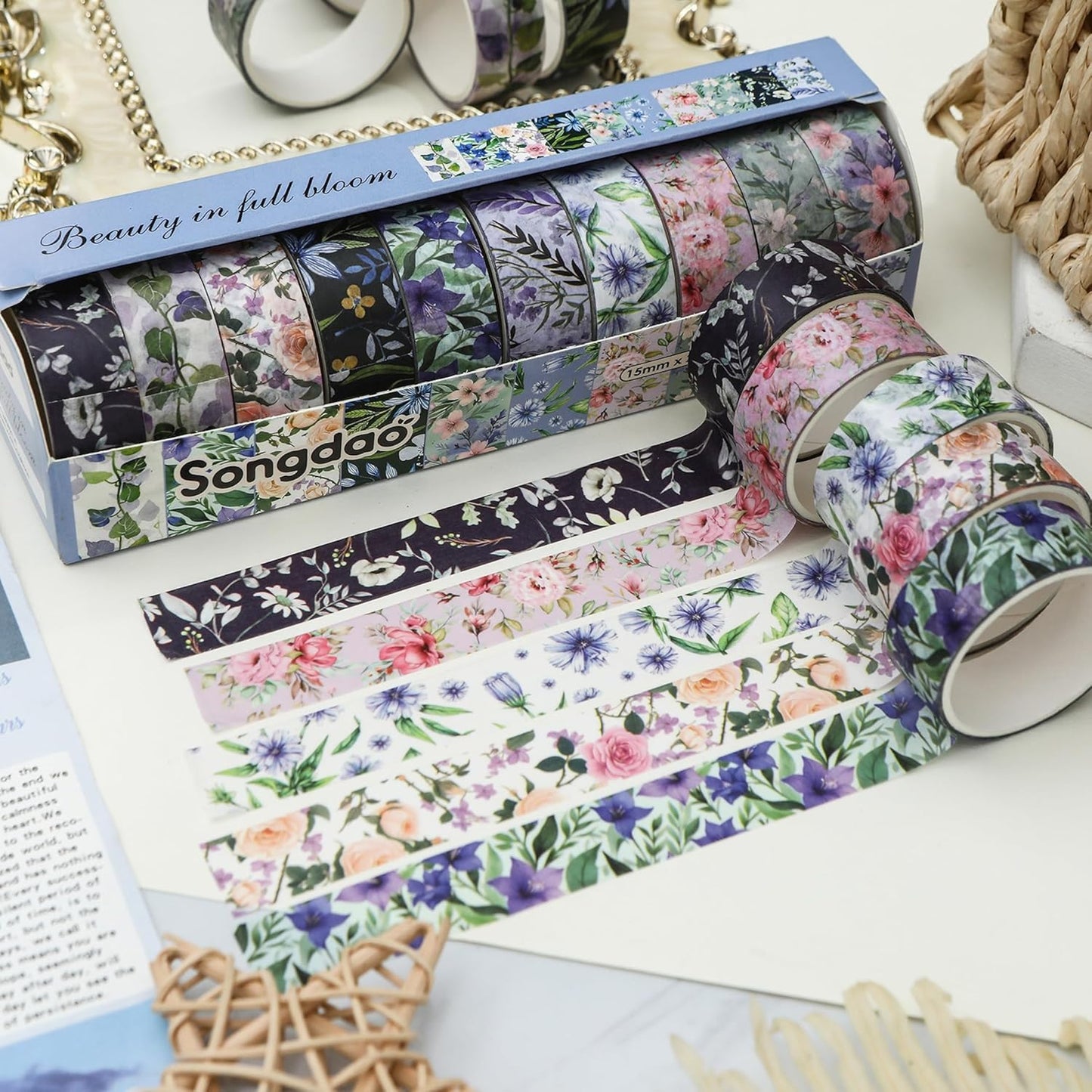 10 Rolls Blooming Flowers Washi Tape Set Floral Arts Adhesive Tapes Colorful Garden Decorative Masking Tape Sets for Craft, Kids, Scrapbook, DIY, Gift Wrapping (4-Purple)