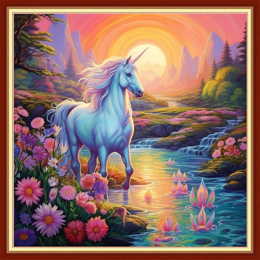 Dimxvean Stamped Cross Stitch Kits,Cross Stitch Kits for Adults Beginners,Embroidery Kits Full Range of Cross Stitch Stamped Kits Needlepoint Kits Cross Stitch Patterns-Unicorn Sunrise 18x18 inch