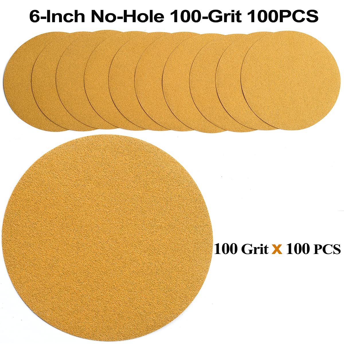 6-Inch No-Hole Hook and Loop Sanding Discs 100-Grit, Random Orbital Sandpaper for Automotive and Woodworking, 100-Pack