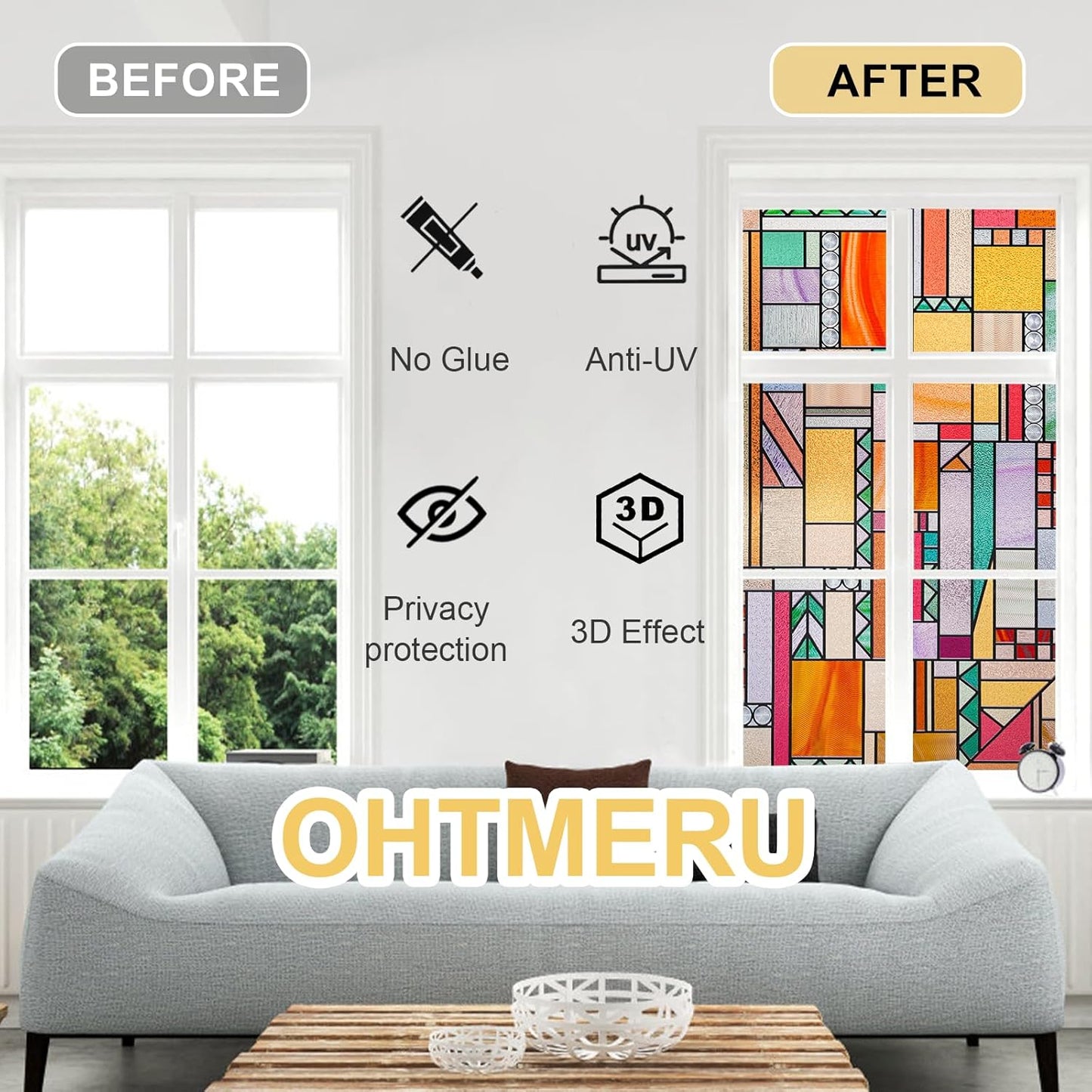 3D Stained Glass Window Privacy Film, Heat Control UV Blocking Static Cling Decorative Window Film for Bathroom,Front Door,Home Non Adhesive,35.4 x 78.7 inches Autumn Reverie