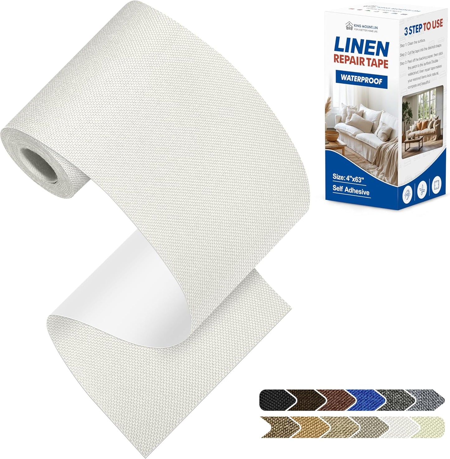 KING MOUNTAIN Linen Repair Patches, Self-Adhesive Linen Fabric Patches, 4 X 63 inch Extra Size, Multi Color, Can be Used for Linen Sofa Repair and Linen Clothes Repair (White)