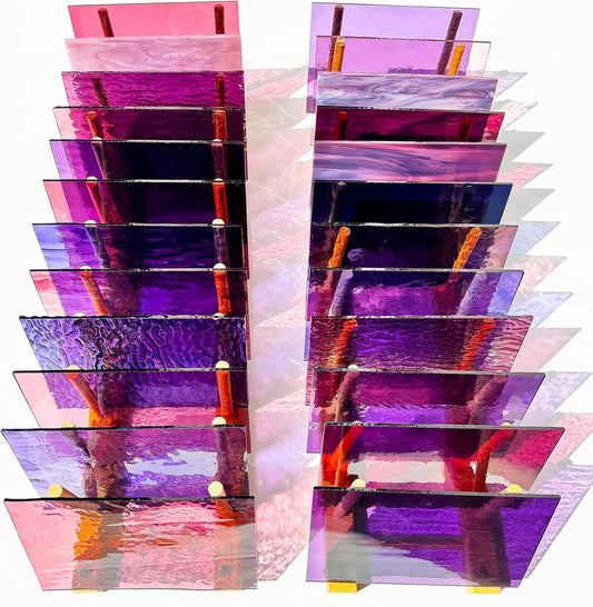 24 Sheets Shades of Purple Stained Glass Sheets, 6 X 4 inches Stained Glass Supplies Mosaic Tiles for Crafts, Pink Colors for Glass Projects or Mosaic Arts