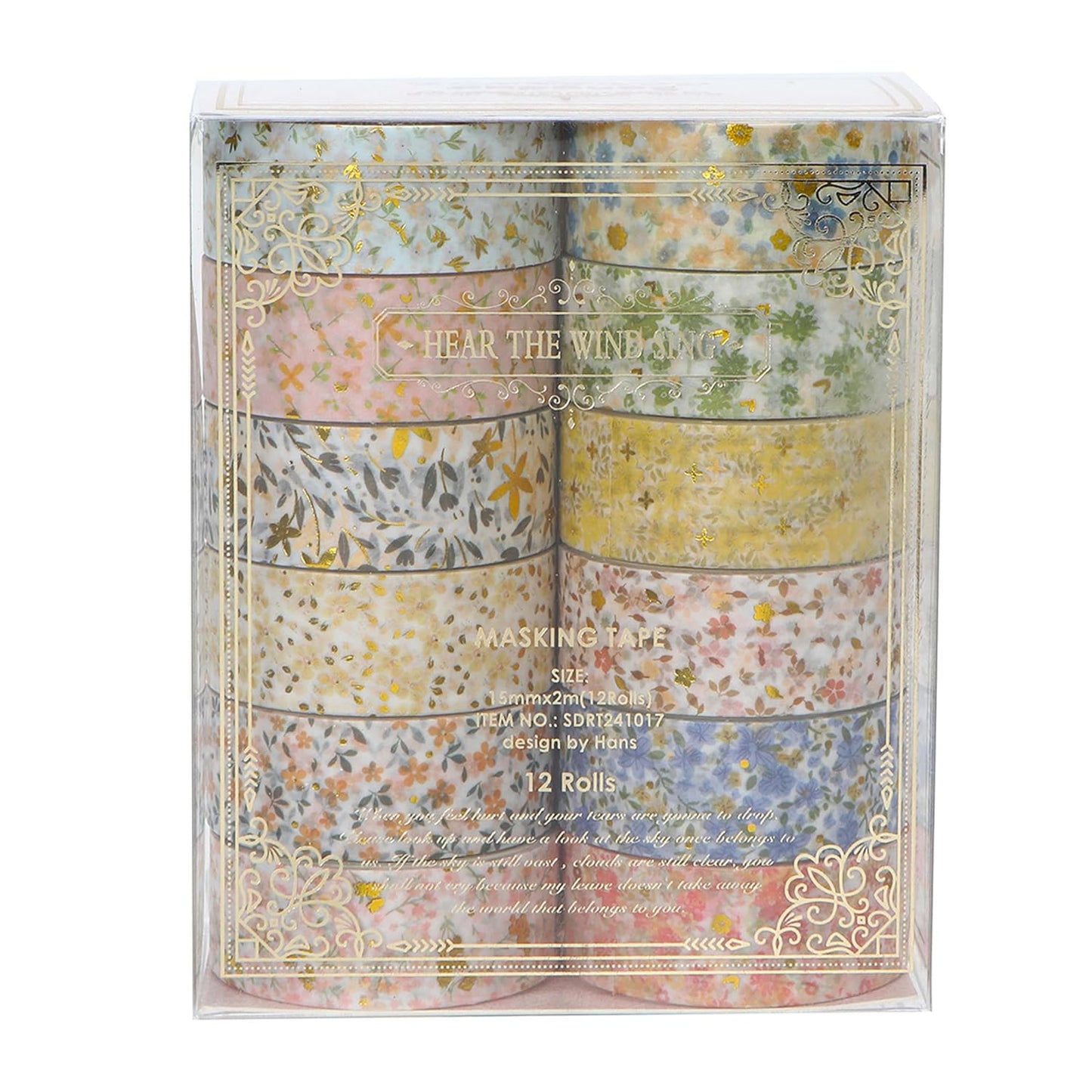 12 Rolls Charming Washi Tape Set Gold Silver Foil Detailing Arts Adhesive Tapes Basic Patterns Decorative Masking Tape Sets for Craft, Kids, Scrapbook, DIY, Gift Wrapping (Spring Bloom)