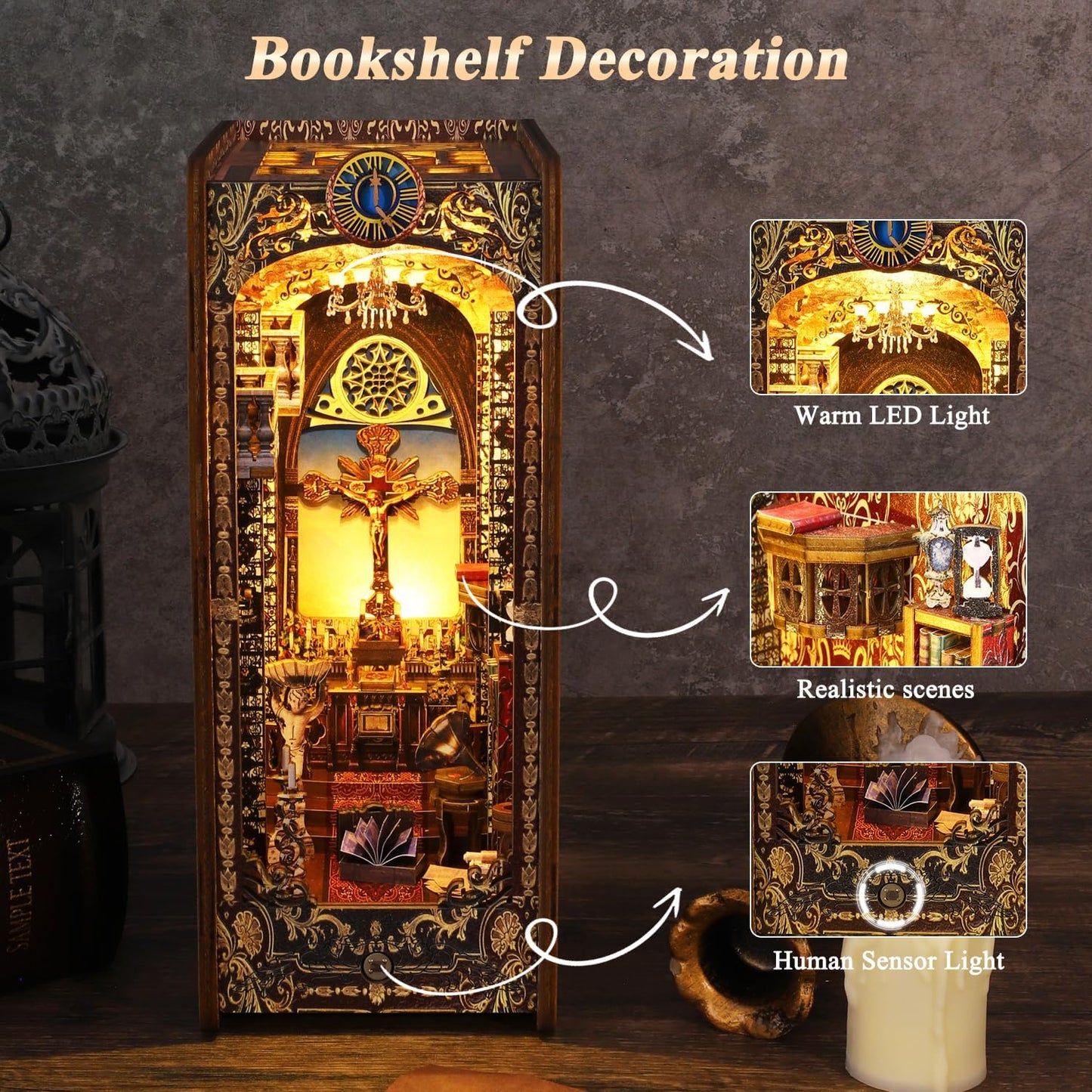 Spobot Book Nook Kit DIY Bookshelf Decor Kit with LED Light 3D Booknook Wooden Puzzle Bookend Stand Miniature Dollhouse Kit Gifts for Adults (Covenant Church)