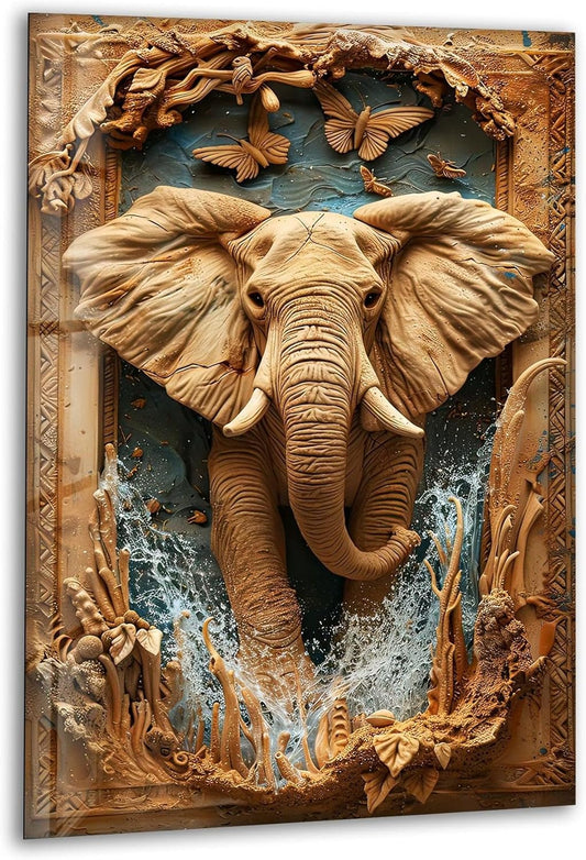My Photostation.com 14Wx20H'' Elephant Carving Glass Wall Art Tempered Glass Printing Wall Decor Large Wall Art Wall Hangings