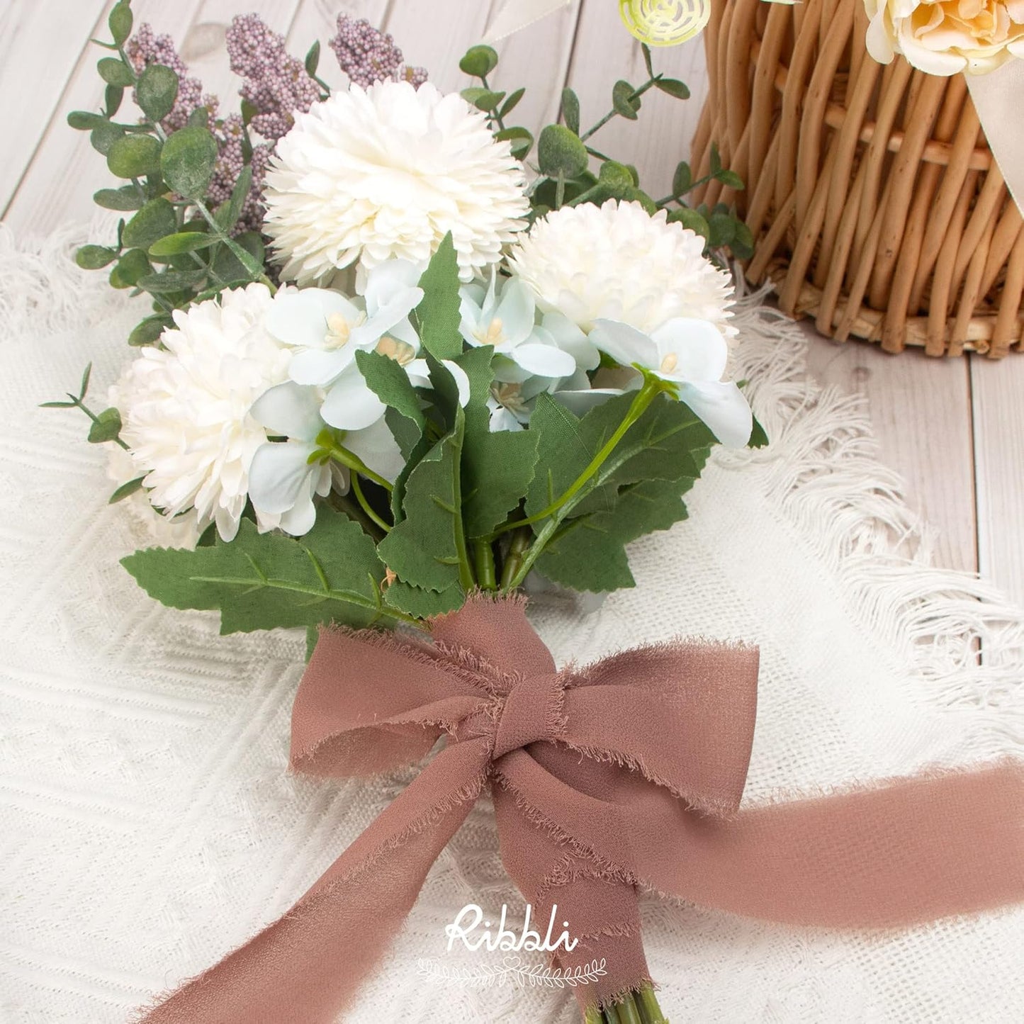 Ribbli Antique Mauve Chiffon Ribbon 1-1/2 inch x 20 Yard Handmade Fringe Chiffon Silk Ribbon,Black Ribbon for Wedding Invitations, Bridal Bouquets Wrapping, Flower Arrangement Decoration