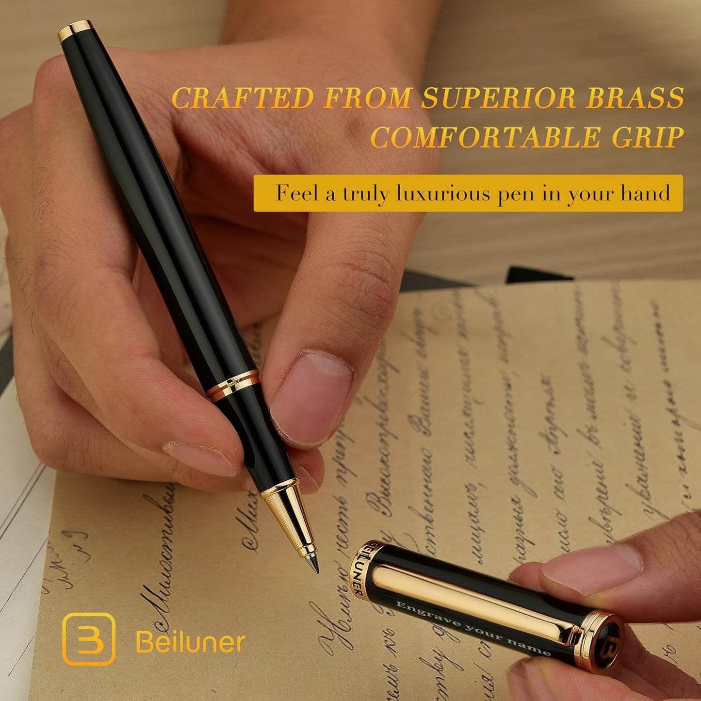 BEILUNER Black Personalized Pen,Stunning Luxury Lacquer With 24K Gold,Schneider Ink Refills,Multiple Fonts To Custom Rollerball,Gift Pen For Men & Women,Executive,Graduation,Christmas,Nice Pens