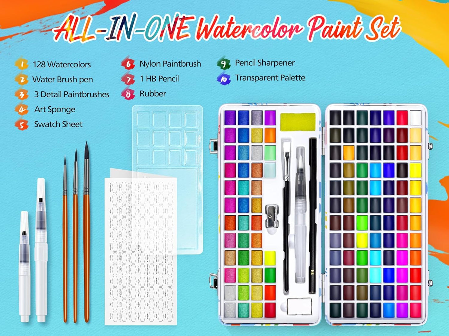 Caliart Watercolor Paint Set, 128 Colors with 4 Brushes Metallic Color Palette Kit, Portable Travel Watercolors Painting Gifts for Adults Artists Painters Beginners Art Supplies