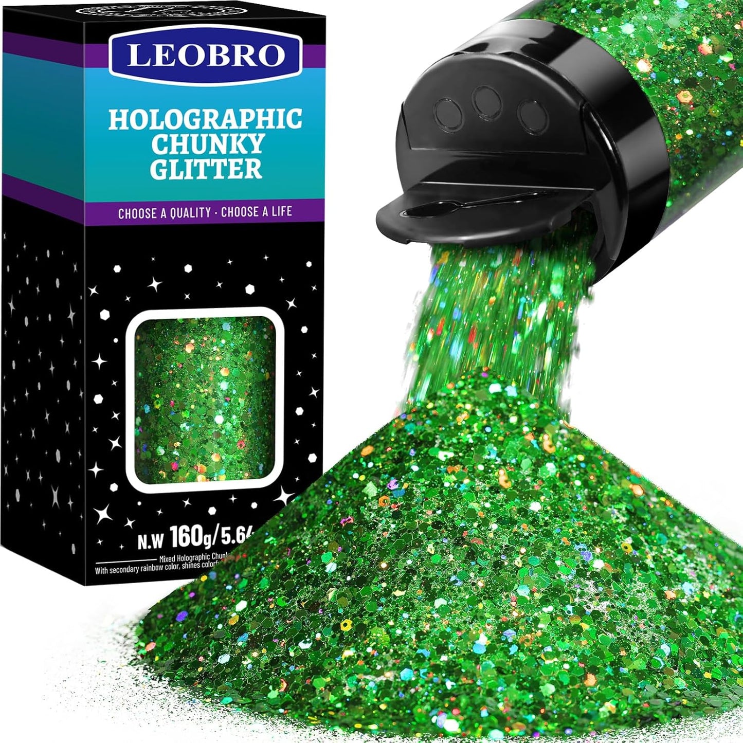 LEOBRO Green Glitter, 160g/5.64oz Holographic Chunky Glitter for Crafts, Resin, Nail Body, Tumblers, Party Decorations