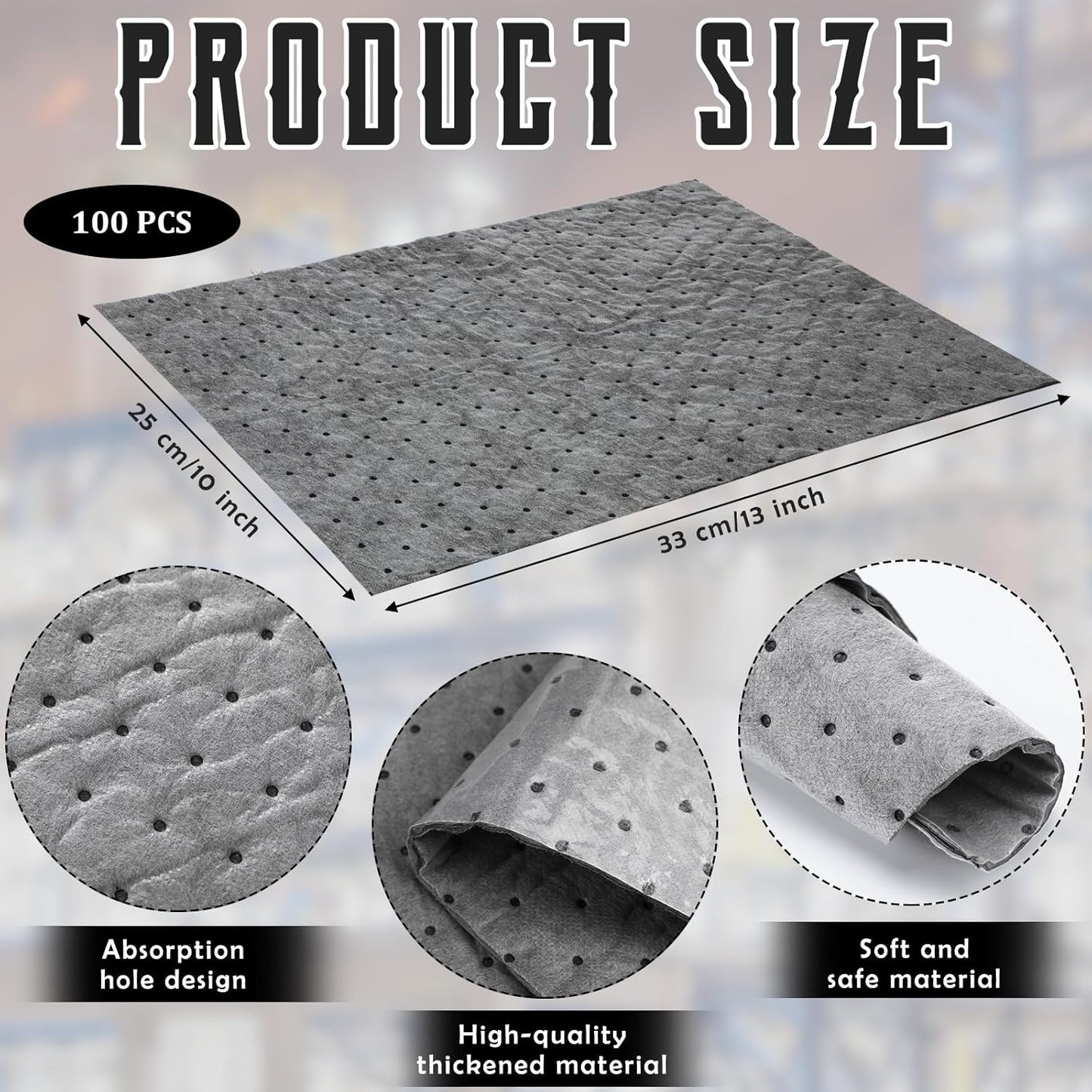 Sawysine 100 Pcs Adhesive-Backed Oil Absorbent Pads 13" x 10" Non-Slip Oil Absorbing Mats Gray Water Absorbent Mat for Garage Accessories Kitchen Basement Supplies