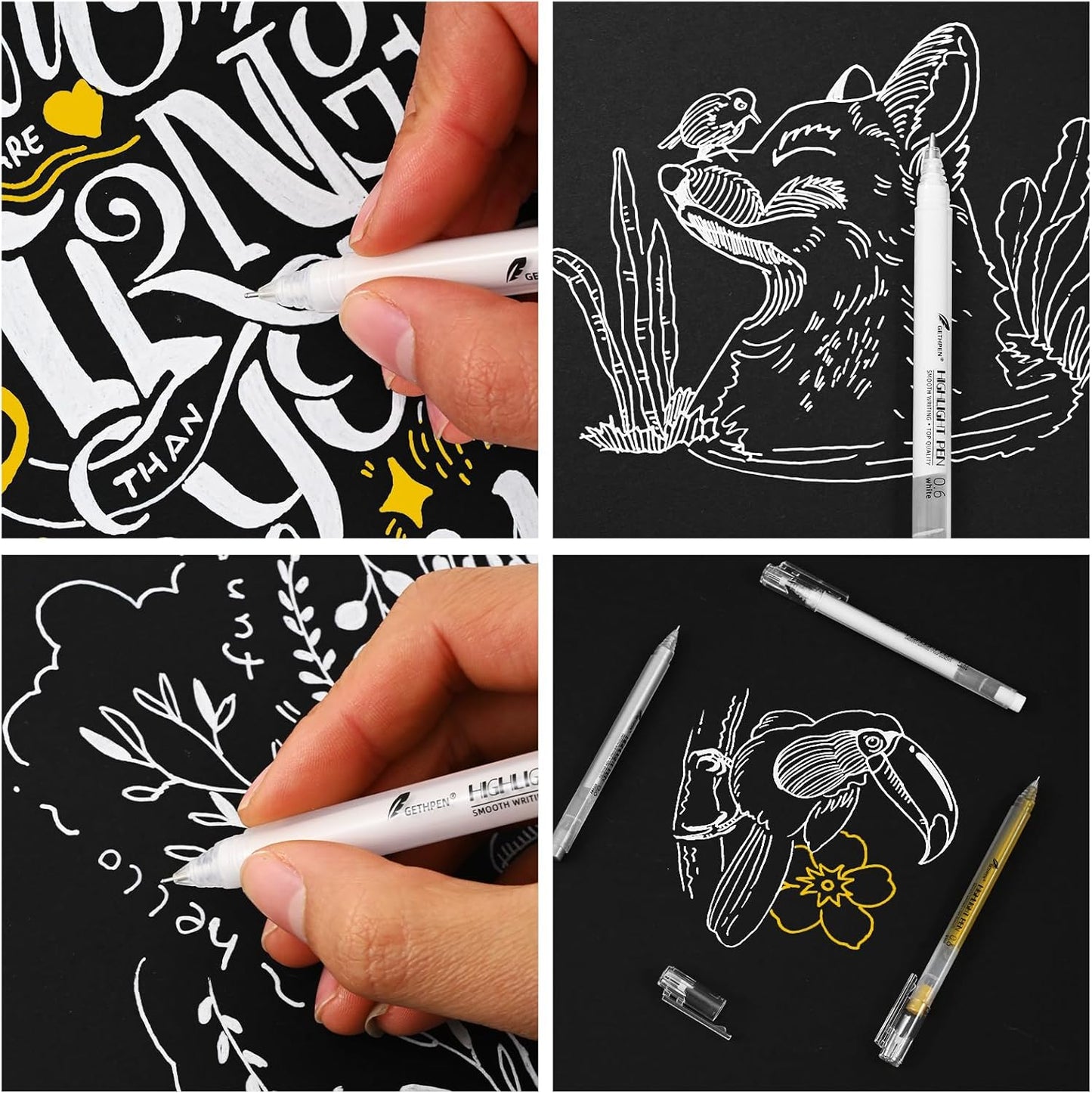 0.6mm Fine Point White Gel Pens, 3-Pack for Artists Drawing, Sketching, Illustration, and Adult Coloring Books, Opaque White Ink for Black Paper, Bullet Journaling, and Card Making