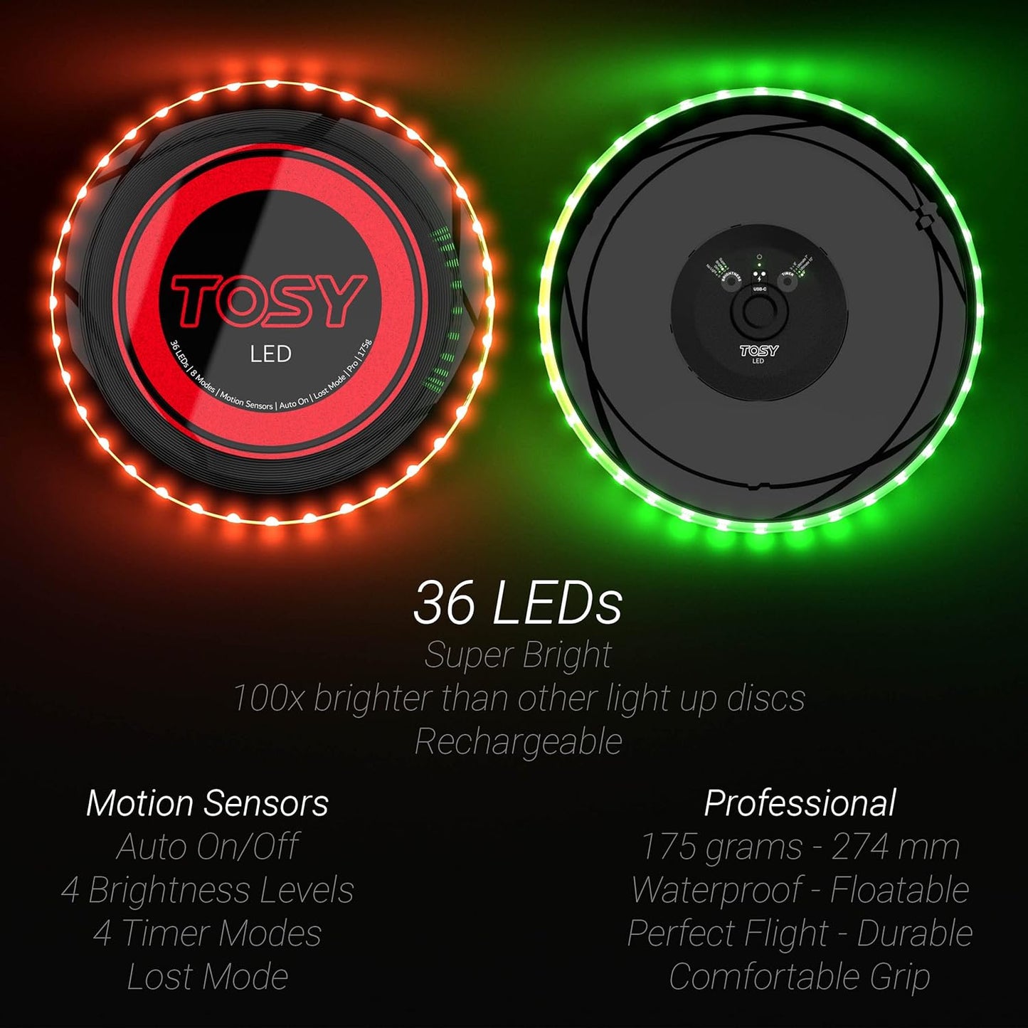 TOSY Flying Disc - 16 Million Colors RGB or 36 LEDs, Extremely Bright, Smart Modes, Camping Essentials for Teens/Kids/Adults/Men/Boys/Girls, Auto Light Up, Rechargeable, Waterproof, 175g