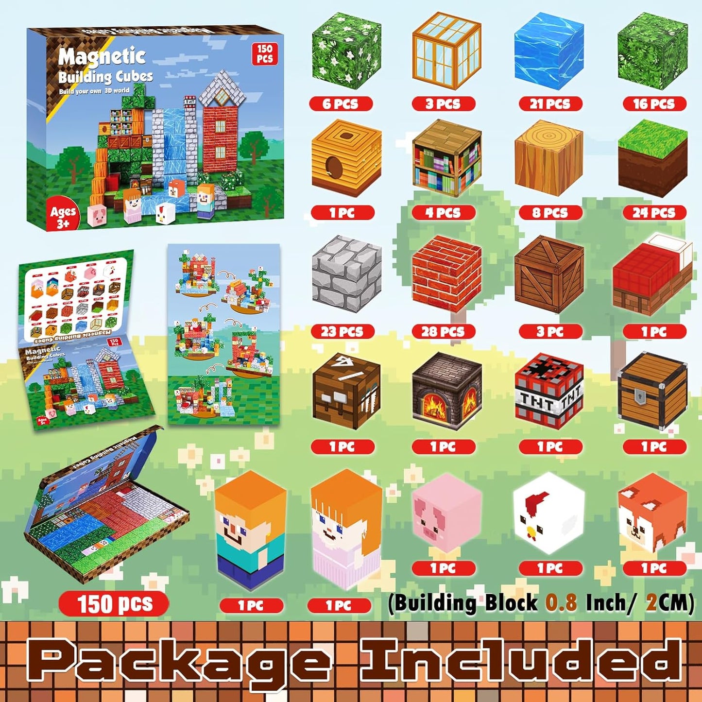 Magnetic Blocks-150PCS Grassland Magnetic Building Blocks Set, Kids Classroom Sensory Toy for Toddlers STEM Learning, Construction Stacking Toy for Kids 3+ Boys and Girls Christmas Birthday Gifts