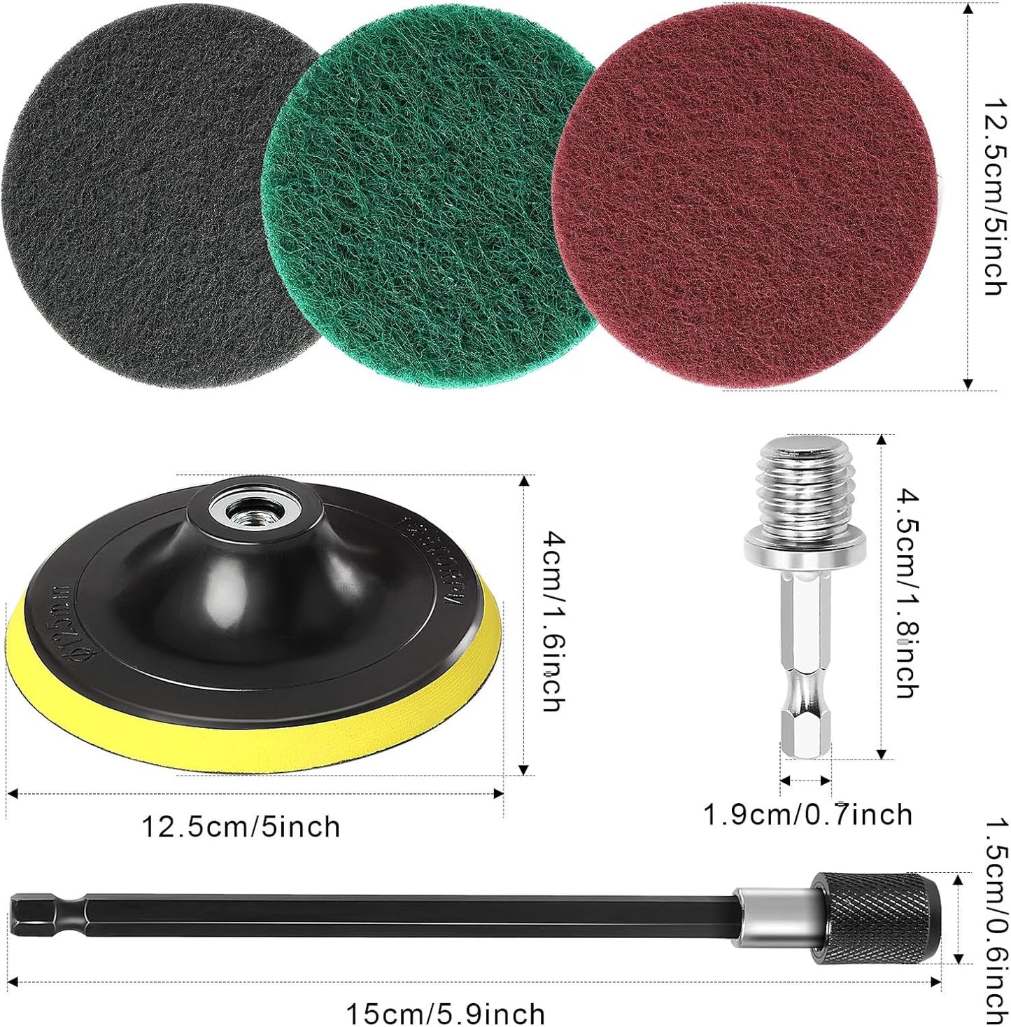 Power Scrub Pads Drill Attachment, GOH DODD 30 Pieces 5 Inch Headlight Restoration Kit Cleaning Kit Scouring Pads with Baker and Universal Shaft for Kitchen, Bathroom, Grout, Carpet, Tub, Grill,Tile