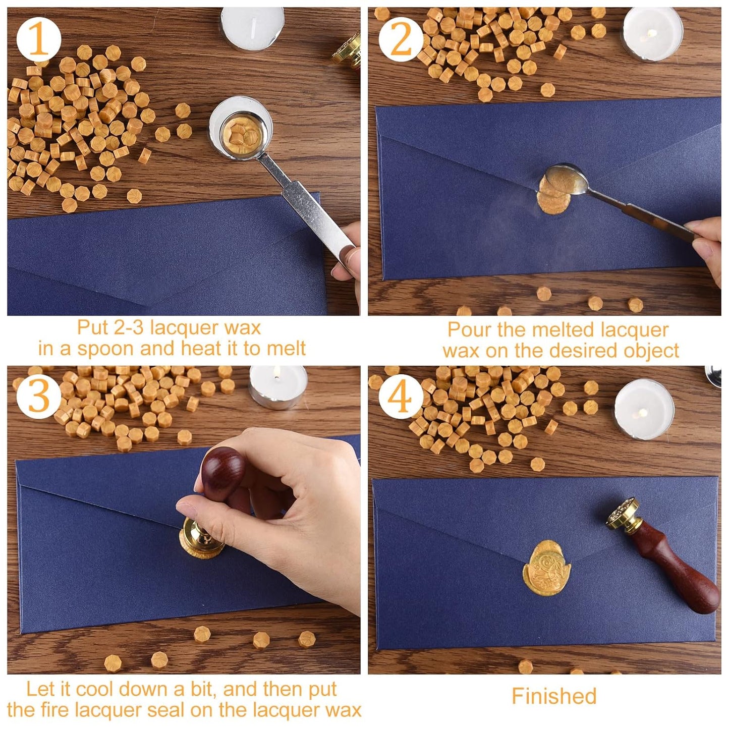 500 Pcs Octagon Sealing Wax Beads Gold Wax Seal Beads with 4 Pcs Tea Candles and 1 Pcs Wax Melting Spoon for Crafts Letter Wine Greeting Cards Sealing