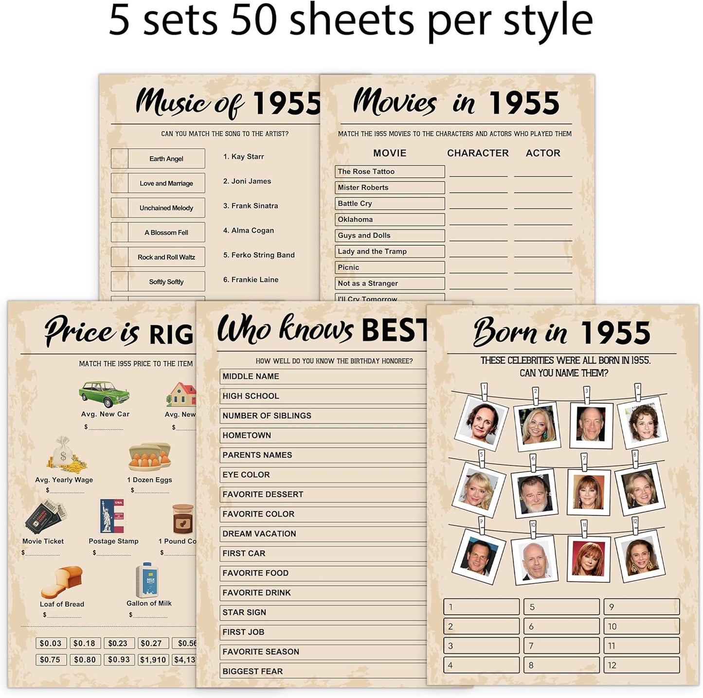 QUPT 70th Birthday Party Games, Set of 5 Activities for 10 Guests, Born in 1955 Games Bundle, Birthday Party Supplies for Adults, Pack of 50 Cards