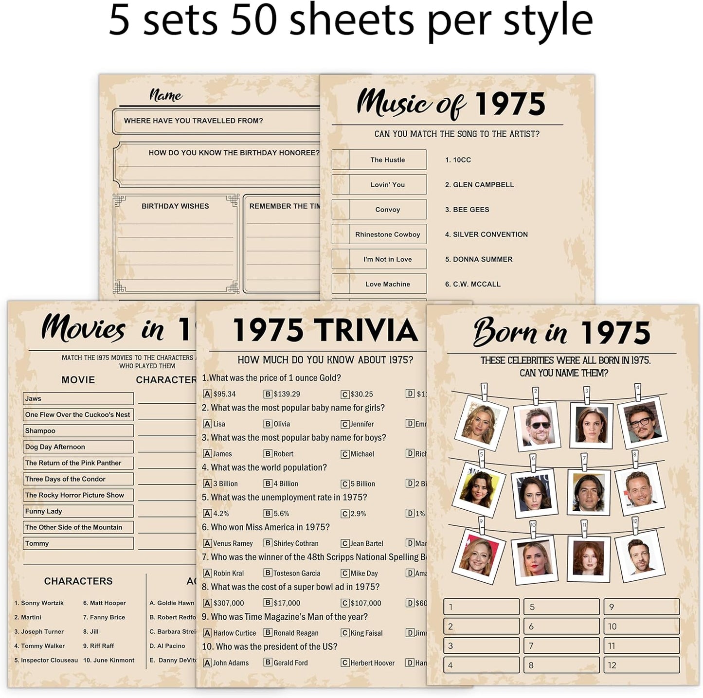 QUPT 50th Birthday Party Games,Set of 5 Activities for 10 Guests, Born in 1975 Games Bundle, Birthday Party Supplies for Adults, Pack of 50 Cards