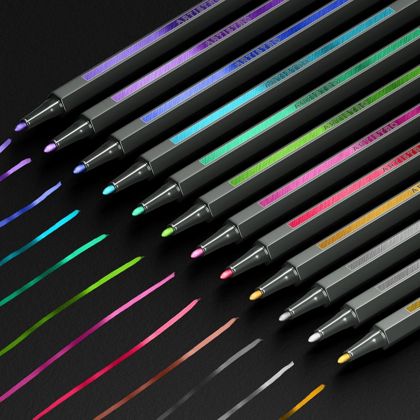 ARTISTRO 12 Metallic Markers with Fine Tip, Metallic Acrylic Paint Pens, Pre-Activated, for Kids & Adults, for Black Paper & Rocks