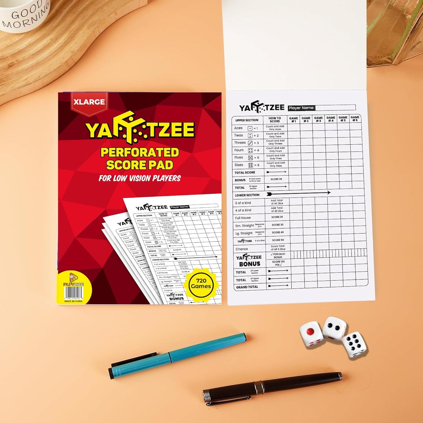 PlayDice Score Pads for Yahtzee: 120 Easy Tear Off, Large Print Score Sheets Compatible with Yardzee and Yahtzee Games (8.5x11-120 Pages)