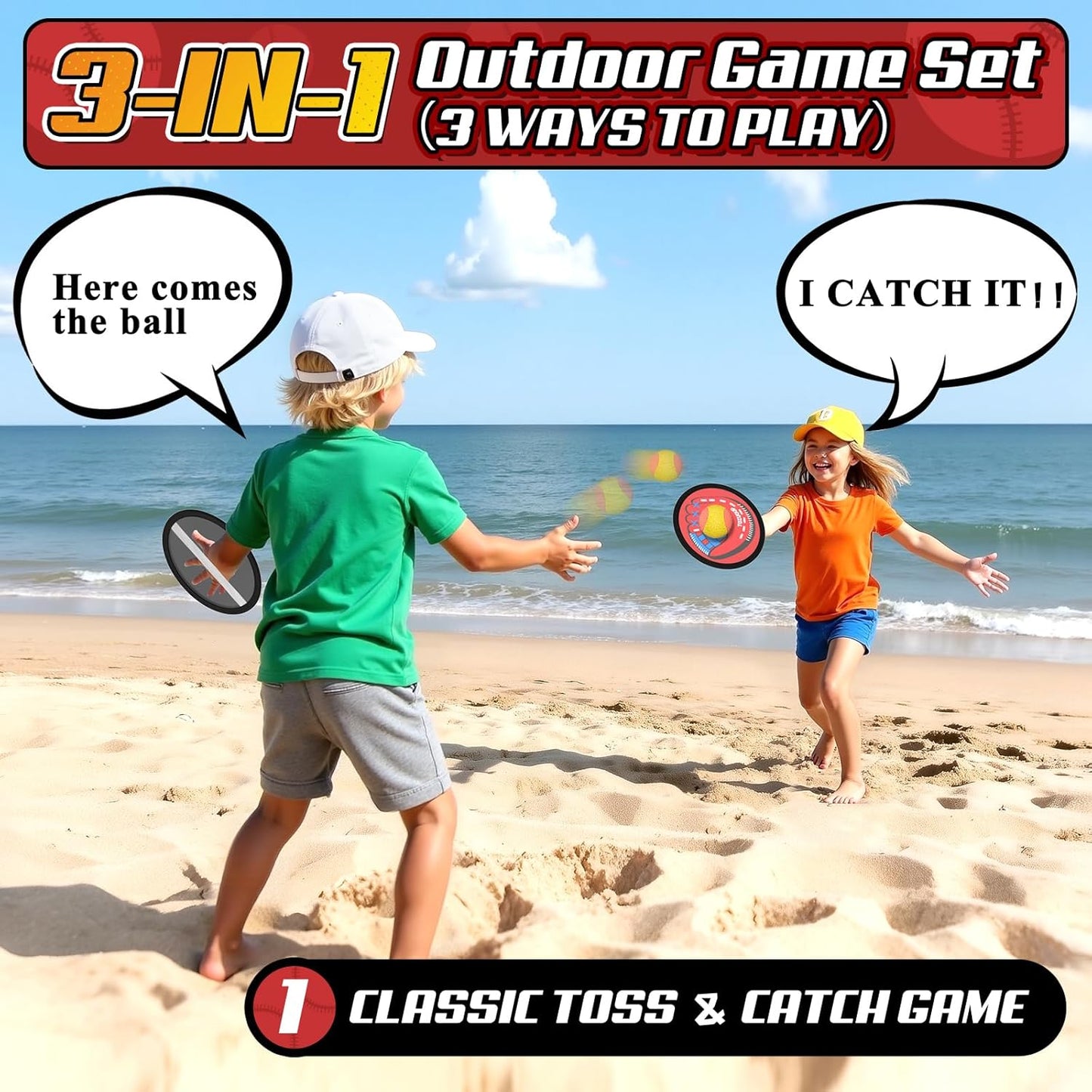 3-in-1 Toss and Catch Ball Game Set, Kids Toddler Baseball Glove, Beach Games Outdoor Yard Lawn Toys for Kids & Family, Birthday Gifts Toys for 3 4 5 6 7 8-12 Year Old Boys and Girls