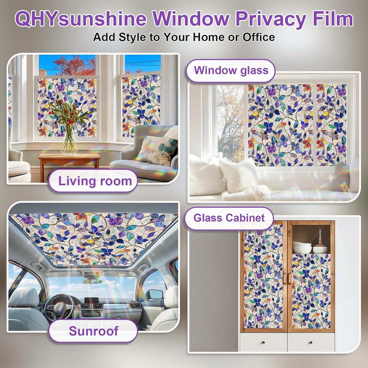 Stained Glass Window Privacy Film Decorative Rainbow Static Clings – Ideal for Home & Office, Adhesive-Free, Removable, UV-Blocking (Purple Rainbow, 17.5 X 78.7 in)