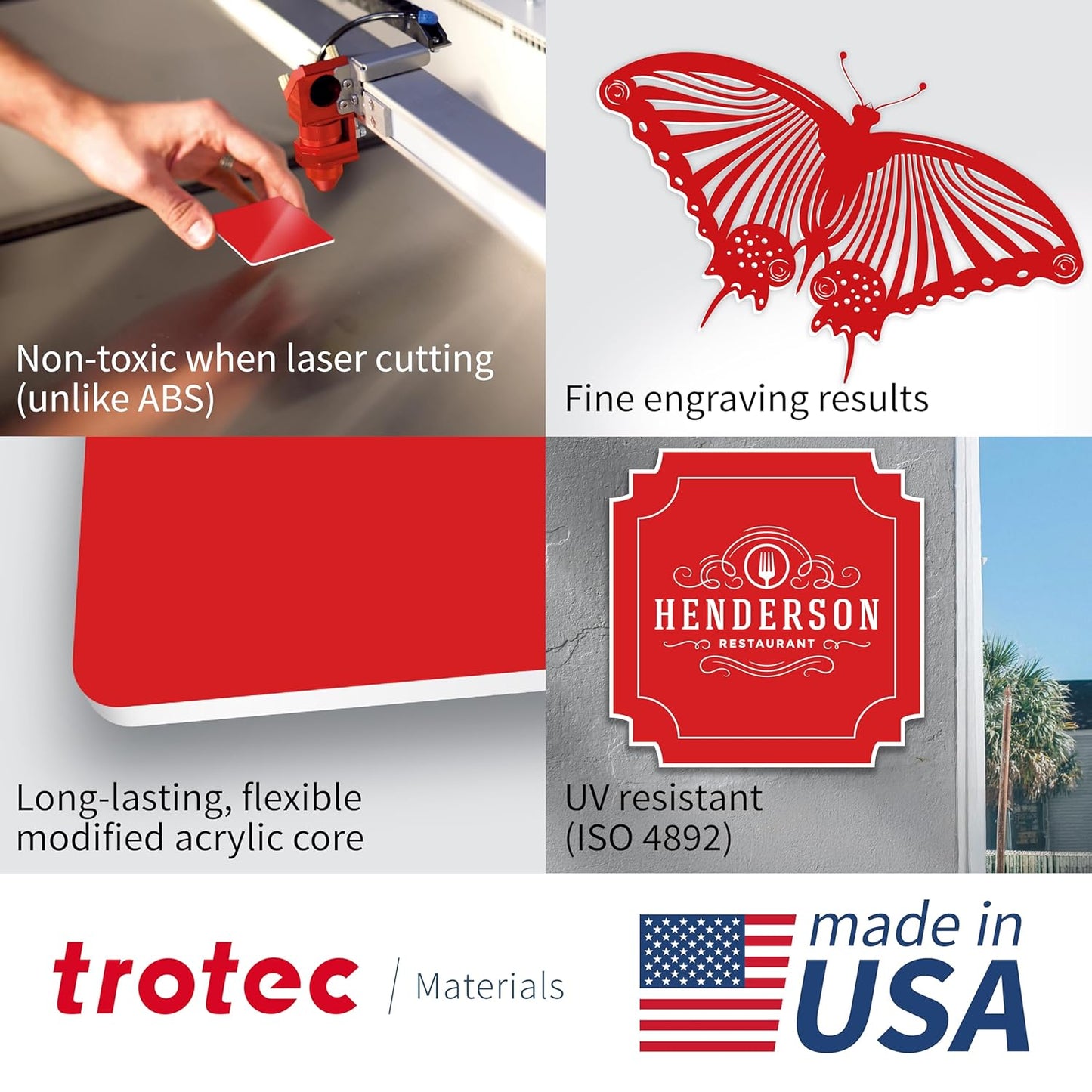 Trotec TroLase | 12"x24"x1/16", 4 Pcs | Red/White | 2 Ply | Modified Acrylic | Laser Engraving Double Color Plastic Sheet | Engraving Blanks for Laser, Saw, Guillotine | Made in USA