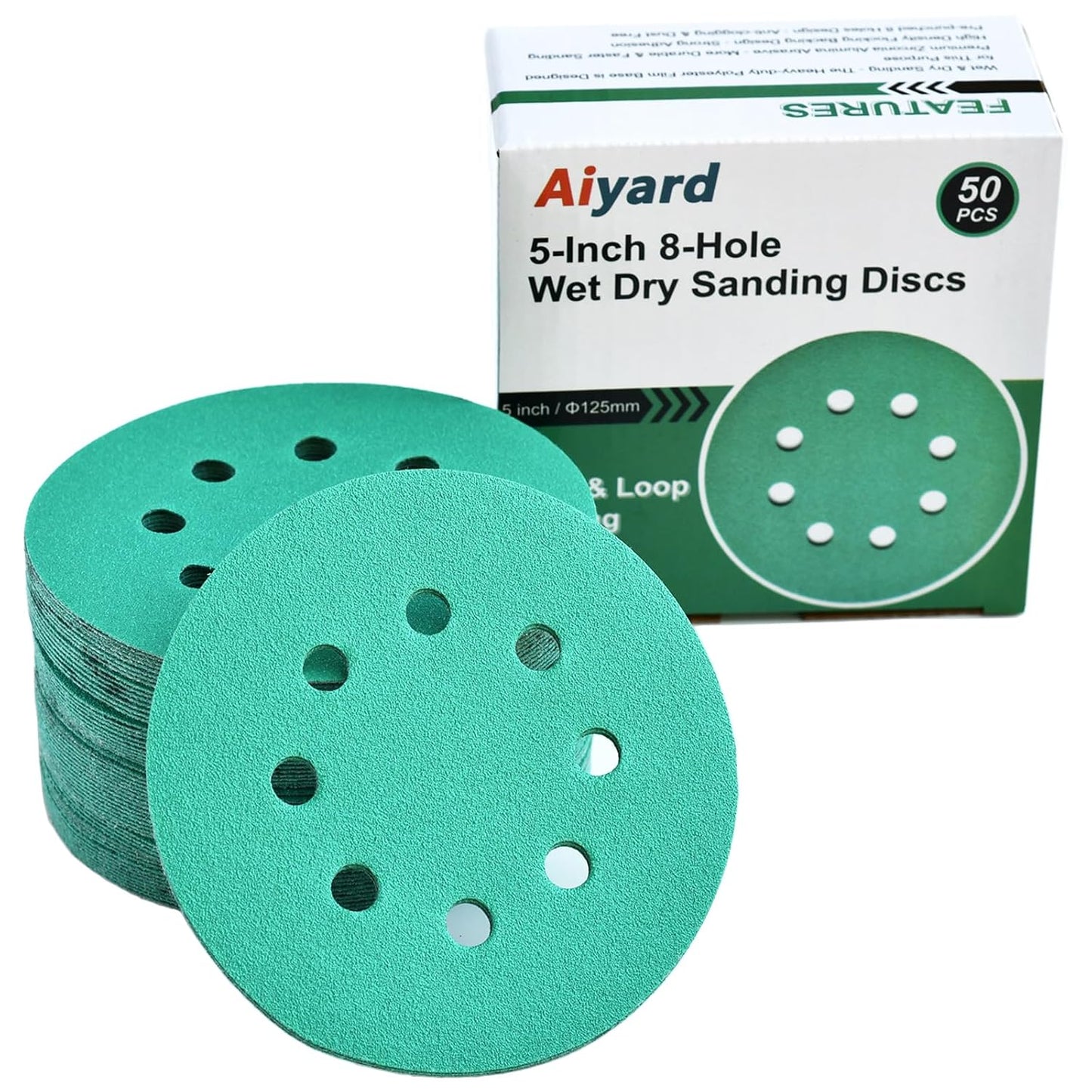 5-Inch 8-Hole Wet Dry Sanding Discs 100 Grit, Polyester Film Backed Heavy-Duty Hook and Loop Sandpaper for Random Orbital Sander, 50-Pack