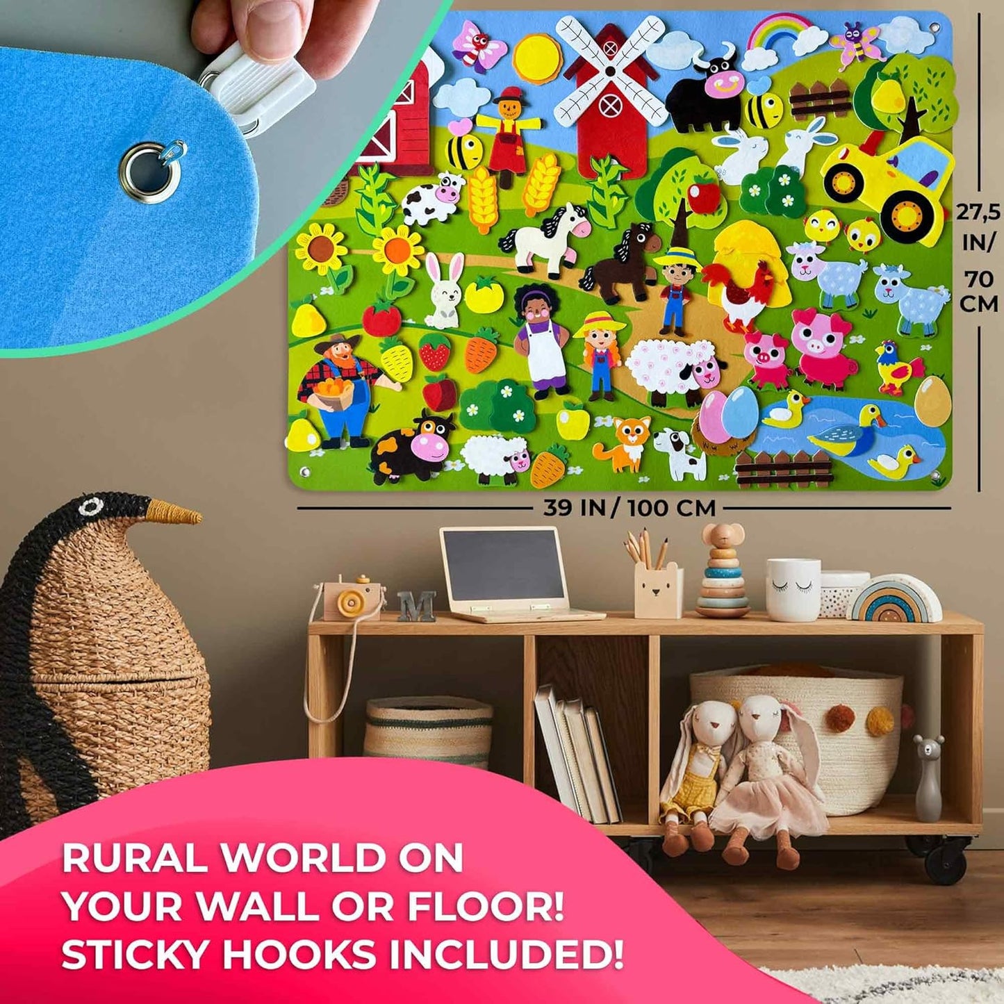 QUOKKA Farm Felt Board for Toddlers - 70 PCS Double-Thick Felt Board Story Set with Large 41x30 Inch Durable Wall Activity Boards - Ideal for Storytelling Indoor Toddler Activities and Classroom