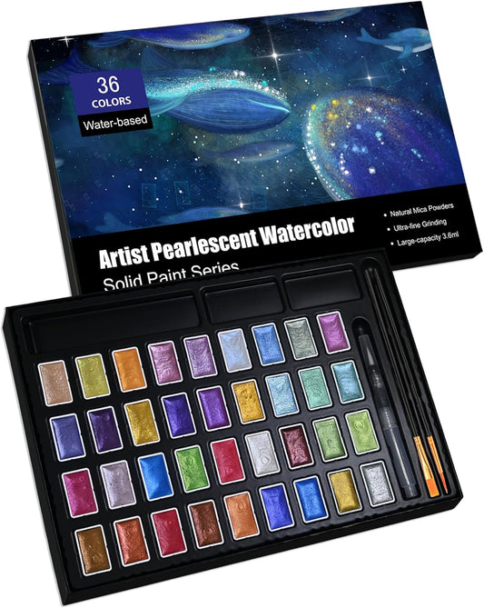 Shimmer Watercolor Paint Set, 12 Colors Glitter Metallic Watercolour Painting Sets, Solid Pearl Water Color Paints for Artists, Amateur Hobbyists and Painting (36 Colors)