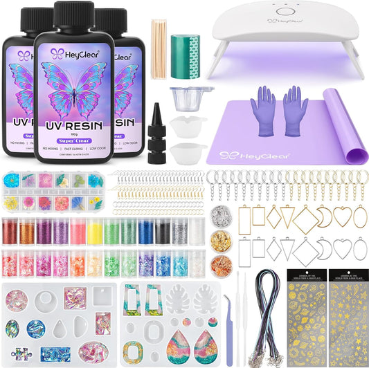 HeyClear UV Resin Kit with Molds and UV Light for Jewelry Making -300g Super Clear, Hard, Low Odor, Premixed and Fast Curing for Earrings, Craft Decorations, DIY Creation Gifts