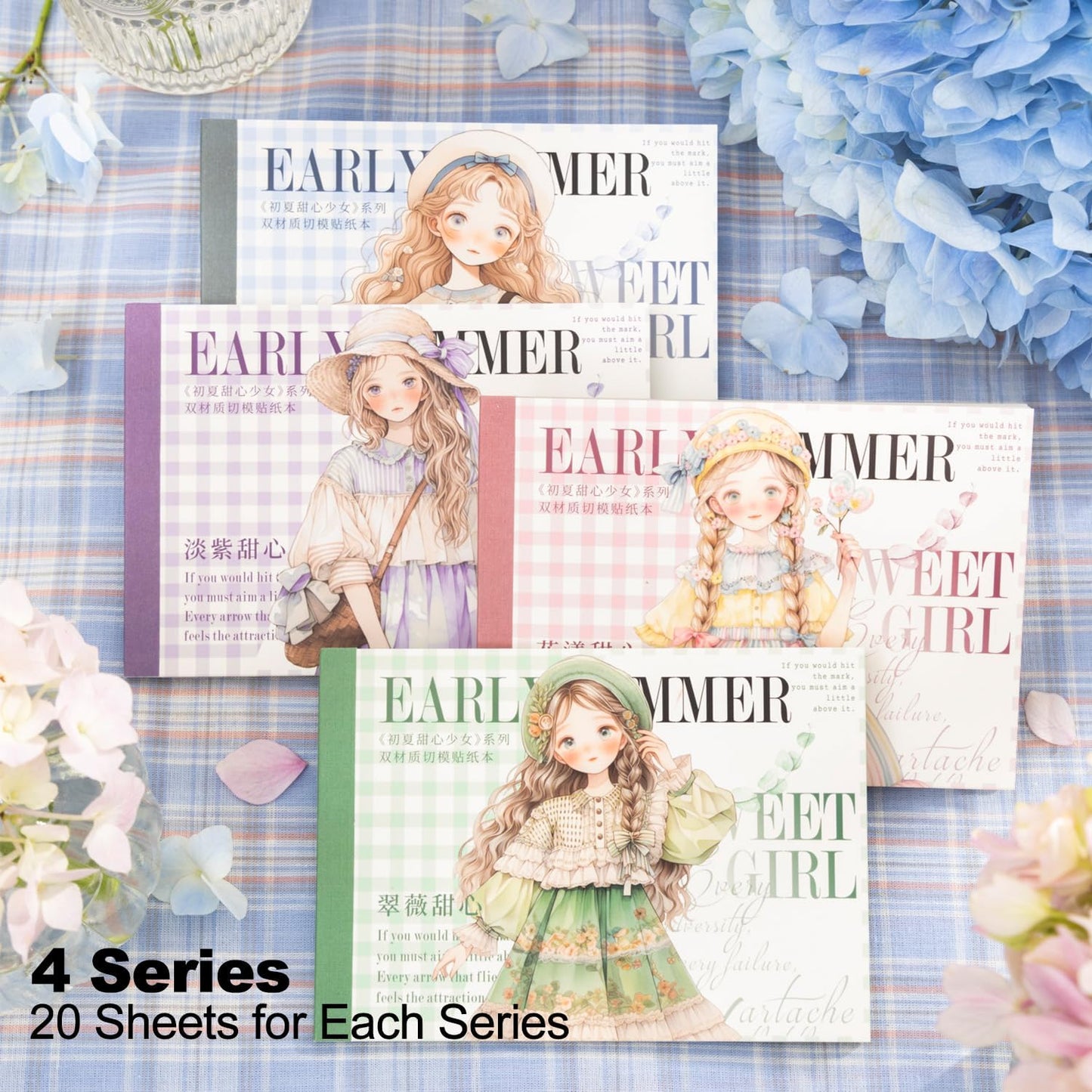 4Pcs Girl Pre-Cut Sticker Books, PET and Washi Designs for Scrapbooking, Journaling Supplies, Junk Journal Ephemera, Includes Organizer