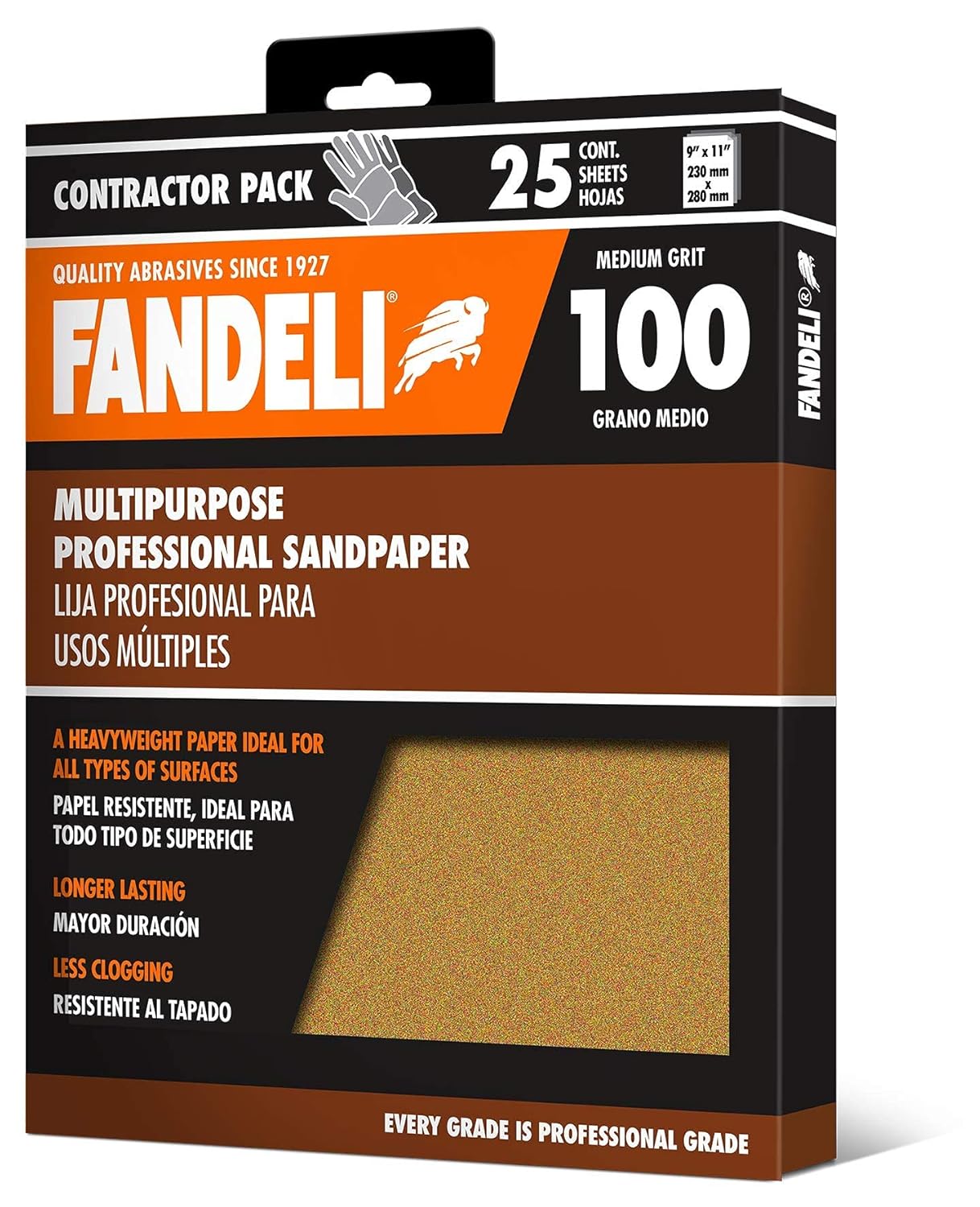 Fandeli | Multi-Purpose Sandpaper | 100 Grit | 25 Sheets of 9'' x 11'' | Ideal for Sanding Metal, Untreated Wood and Painted Surfaces