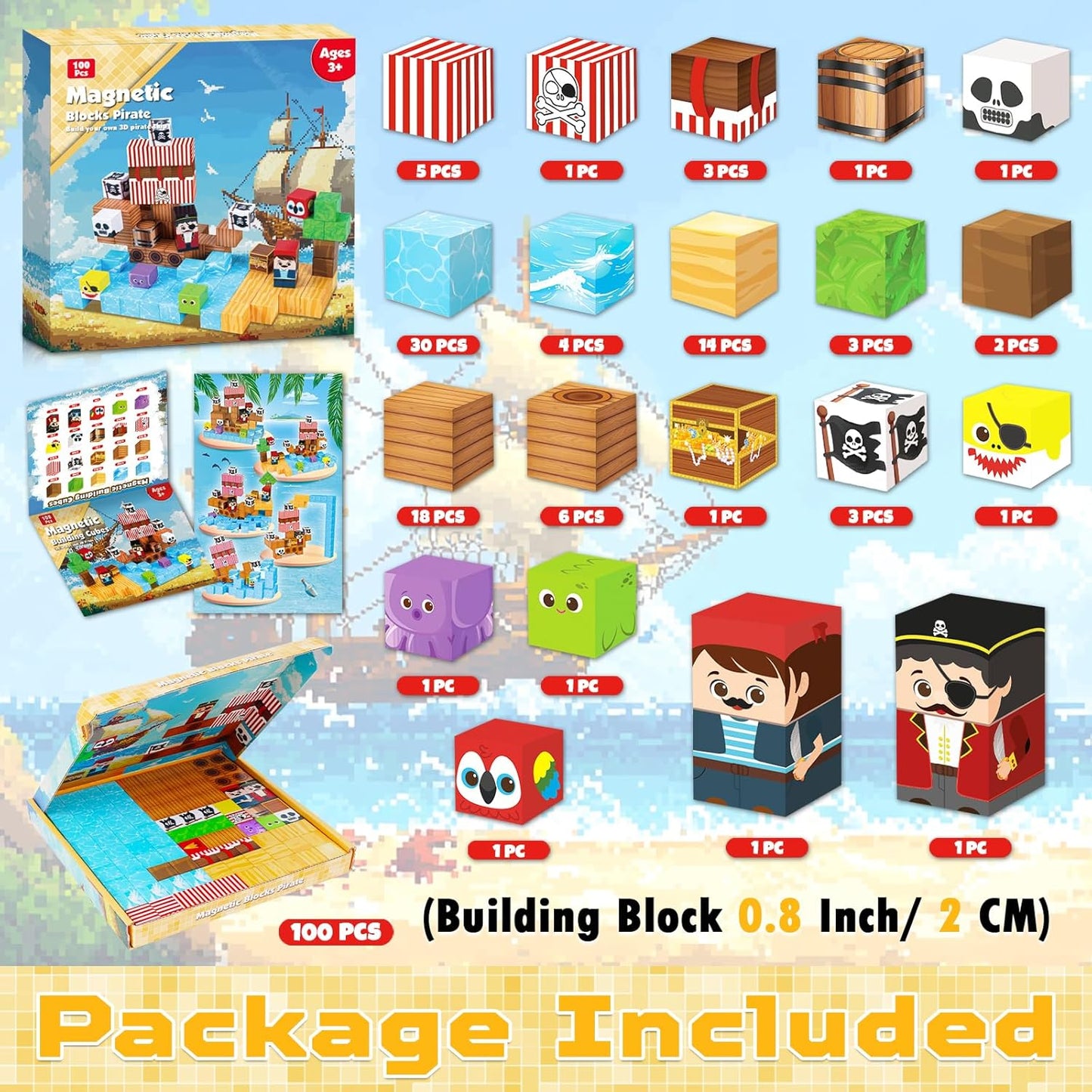 Magnetic Blocks - 100PCS Build Pirate-Ship World Set - Magnetic Building Cube Stacking, STEM Montessori Sensory Toys for Kids Boys Girls Ages 3 4 5 6 7 8 9 10 Easter Birthday Gifts