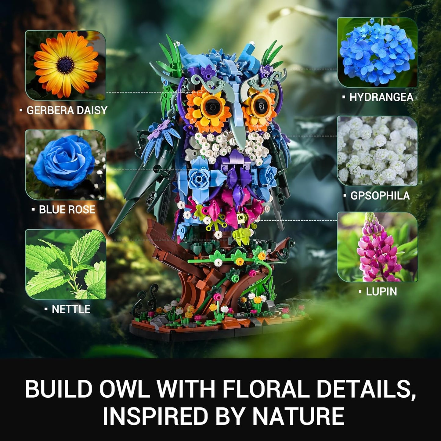 Sillbird Flower Owl Building Sets for Adults Halloween Creative Gift Ideas for Women Men Mom Her, Home Decor Display or Table Centerpieces - Buildable Floral Animals Botanical Model Collection