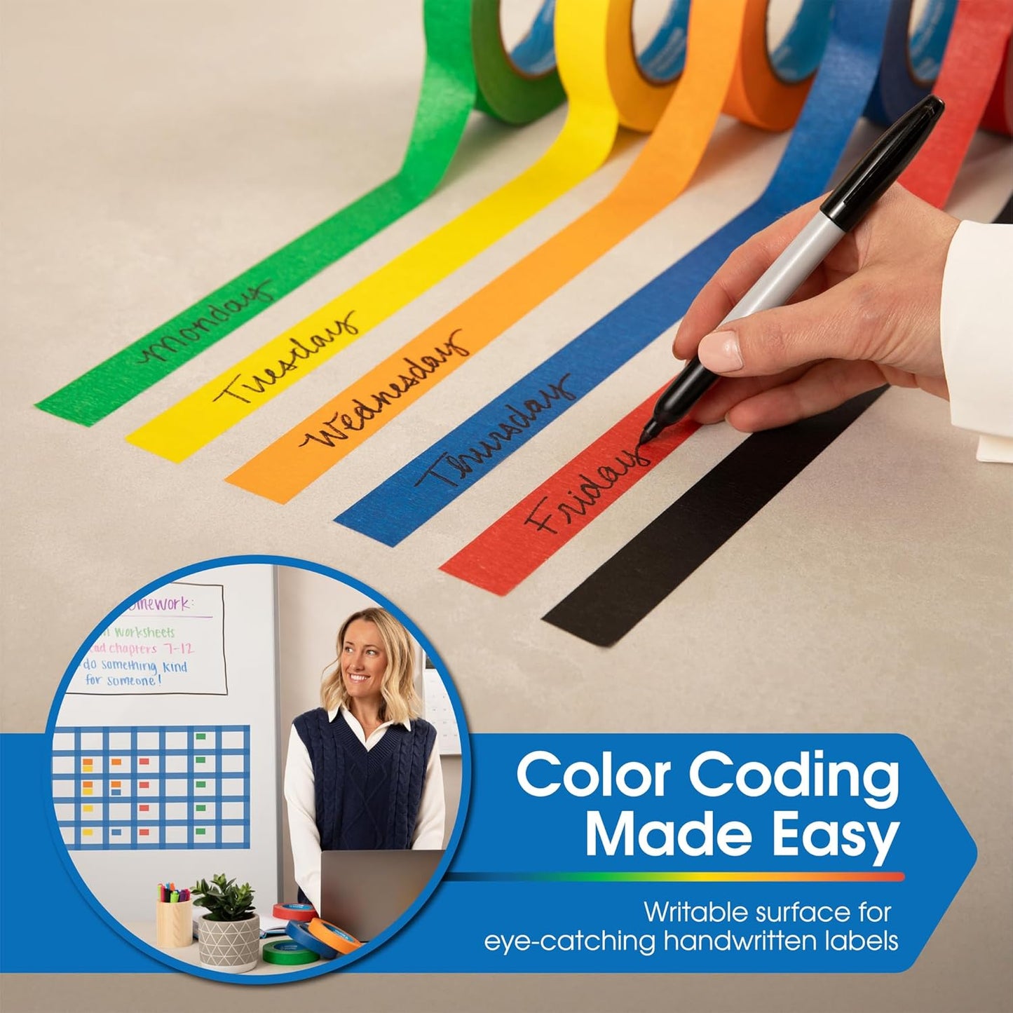 Spartan Industrial - 1" X 60 yd Green Tape - 6 Colored Masking Tape Rolls for Home, Office, School Use - No Residue, 5.5 Mil