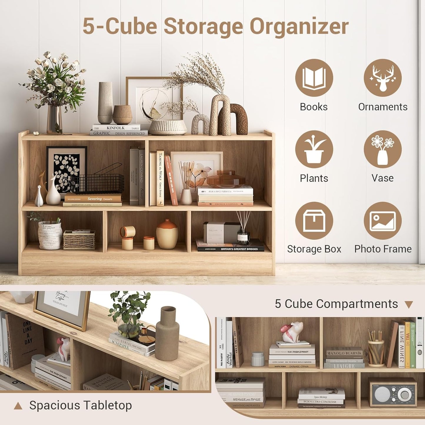 LOKO 2 Tier 5 Cube Bookcase, Open Shelf Storage Cabinet, Wooden Display Cabinet Shelf, Multipurpose Bookshelf for Living Room, Bedroom, Hallway, Home Office, Classroom (Natural)