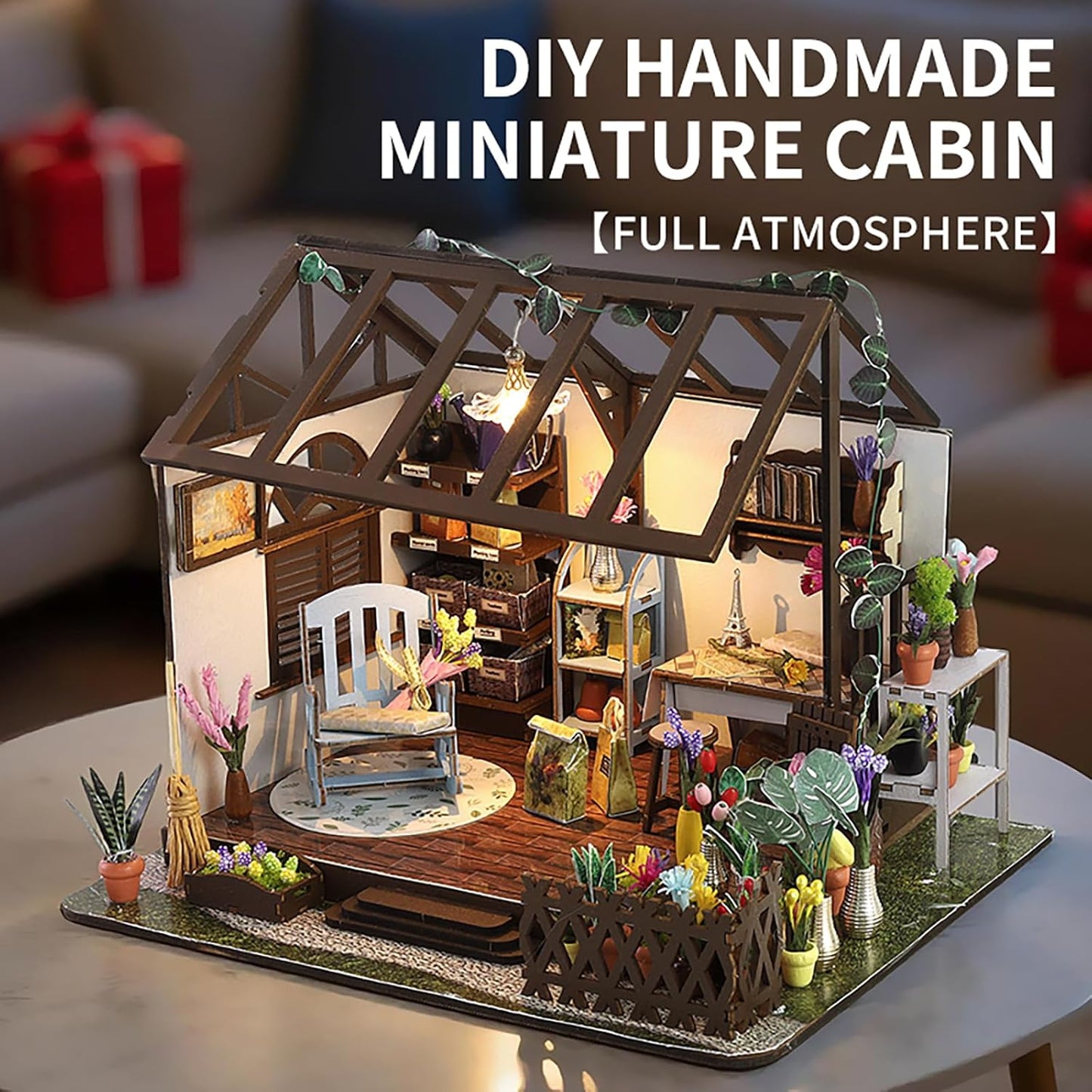 This DIY Miniature Building Set Helps You Create Your own Cozy Greenhouse with All The Furniture Included. It's Suitable for Adults and Teenagers and Makes a Great Gift for Halloween and Christmas.