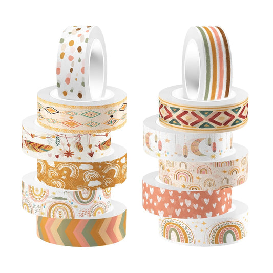 12 Rolls Washi Tape Set, Retro Boho Vintage Colored Rainbow Sun Stars Masking Tapes, Doodle Hand-Drawn Decorative Adhesive Tapes for Planners, Scrapbook, Journal, DIY Art Crafts, Gift Wrapping 16.4Ft