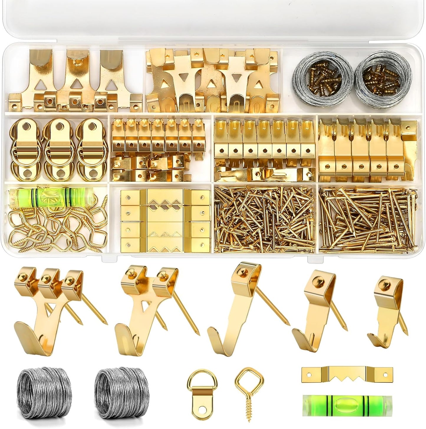 322Pcs Picture Hanging Kit, Professional Picture Hangers with Hooks, Nails, Wire, D Rings, Sawtooth Hangers ,Eye Hooks and Level–All-in-One Wall Hanging Kit for Frames, Mirrors, Photos & Art
