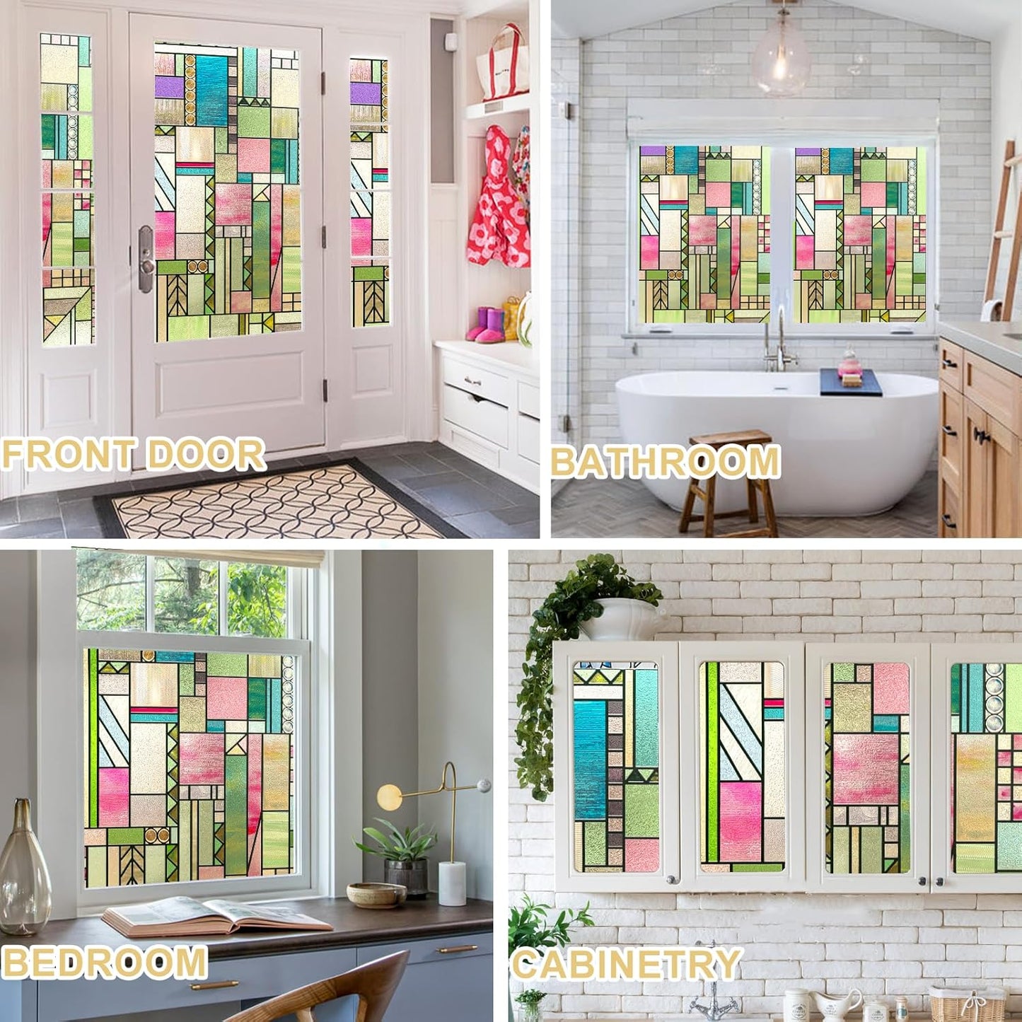 3D Stained Glass Window Privacy Film, Heat Control UV Blocking Static Cling Decorative Window Film for Bathroom,Front Door,Home Non Adhesive,Colorblock 16.9 x 78.7 inches