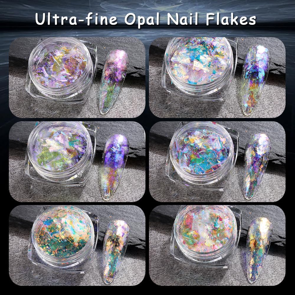 Holographic Opal Nail Art Glitter Flakes, 6 Colors Aurora Iridescent Pigment Powder Irregular Ice Crystal Mermaid Paillettes Sparkly Chunky Glitter Sequins for DIY Manicure Nail Decorations