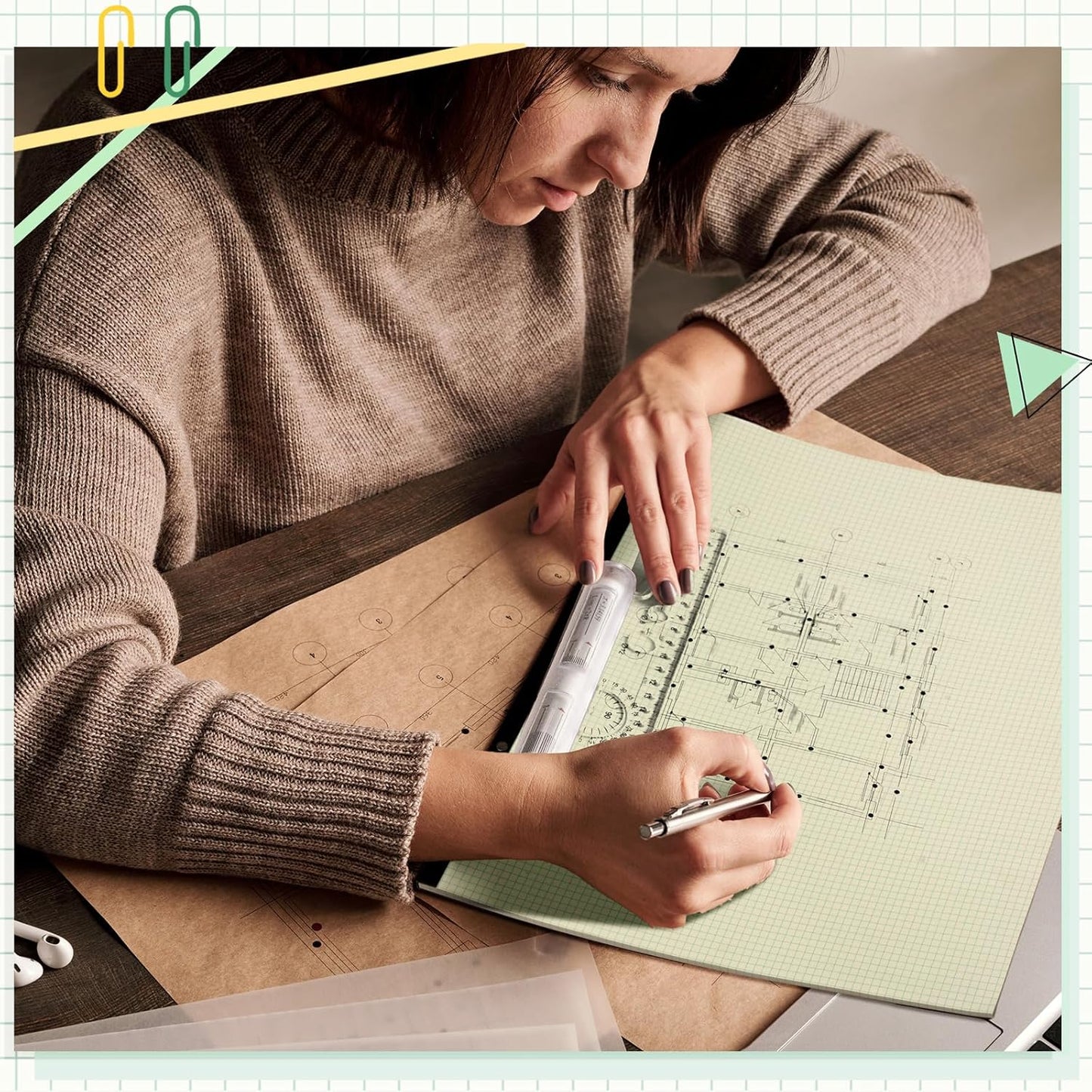 2 Pcs 22 x 17'' Large Engineering Paper Pad 4" x 4" Graph Paper Pad for Blueprint Drawings Drafting Paper Sketching Engineering Pad for Engineer Architect Designer Mathematician(Green Beige)