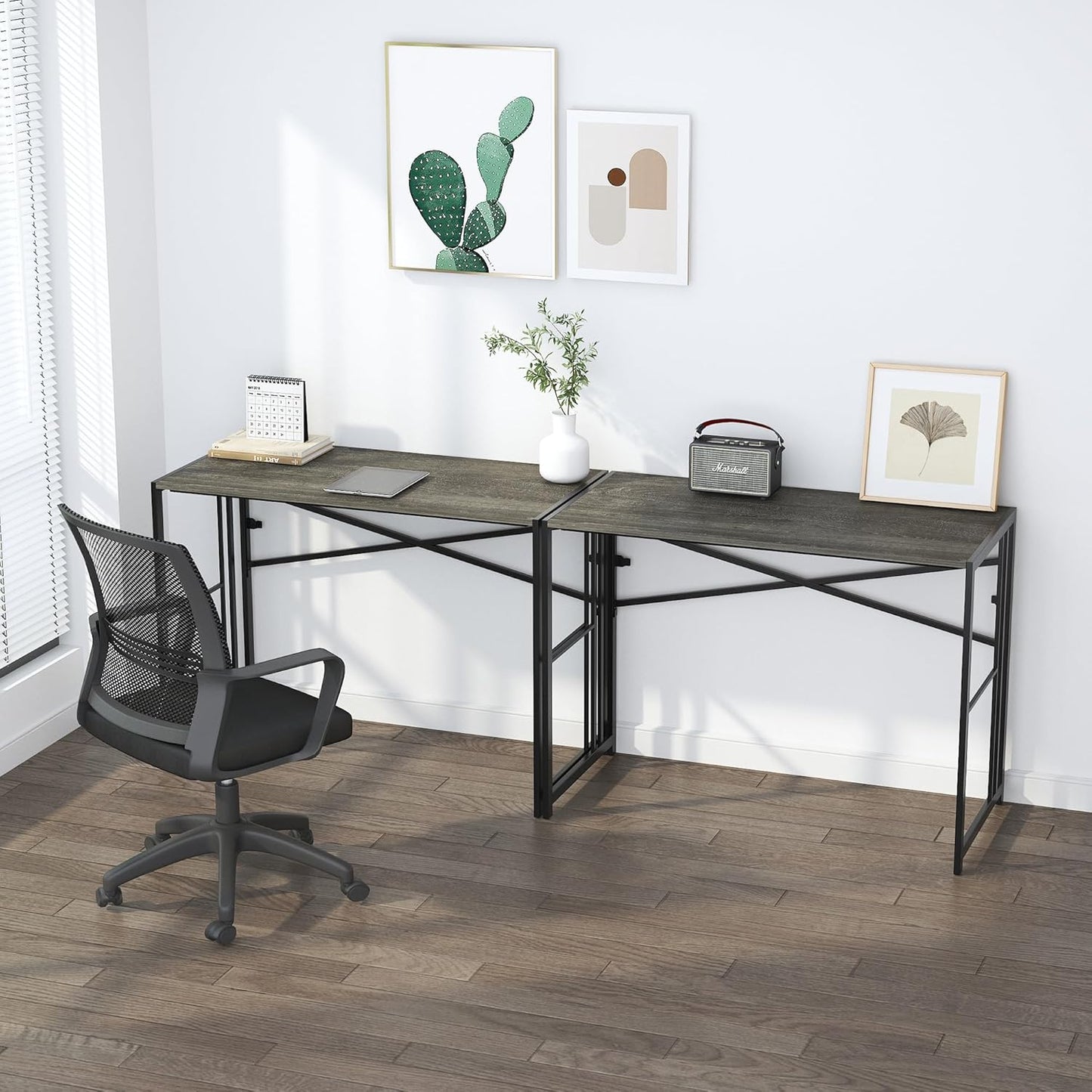 35 inch Narrow Folding Desk, Writing Gaming Computer Camping Desk for Small Spaces, No Assembly Required Home Office Table, Black Oak