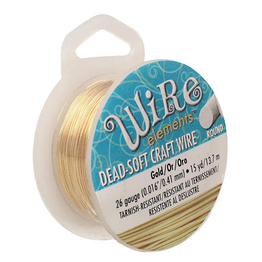 The Beadsmith Wire Elements Craft Wire – Tarnish Resistant, Soft Temper, Round, Gold Color – 0.41mm, 26 Gauge, 15 Yard Spool – Jewelry Making, Wire Wrapping, Floral, & Other DIY Crafts